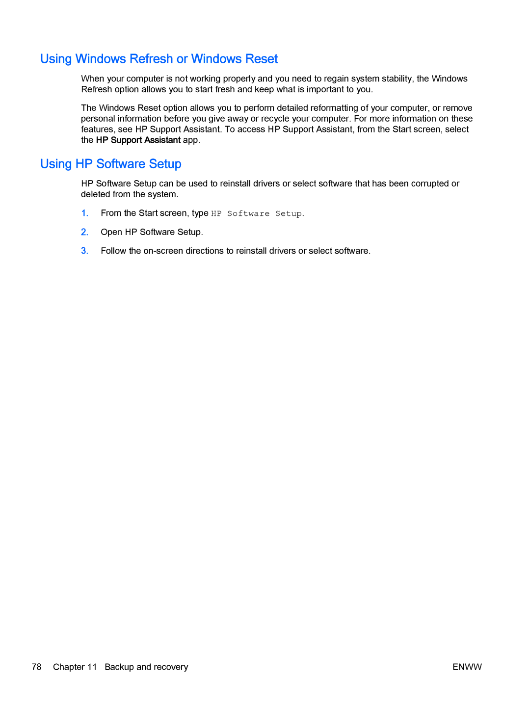 HP Rlve 810 G2 manual Using Windows Refresh or Windows Reset, Using HP Software Setup 