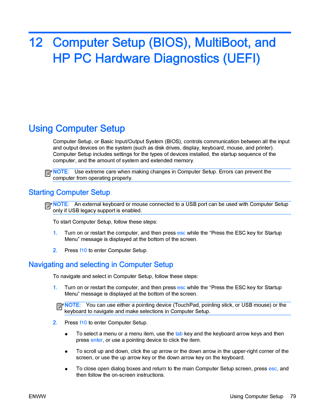 HP Rlve 810 G2 manual Using Computer Setup, Starting Computer Setup, Navigating and selecting in Computer Setup 