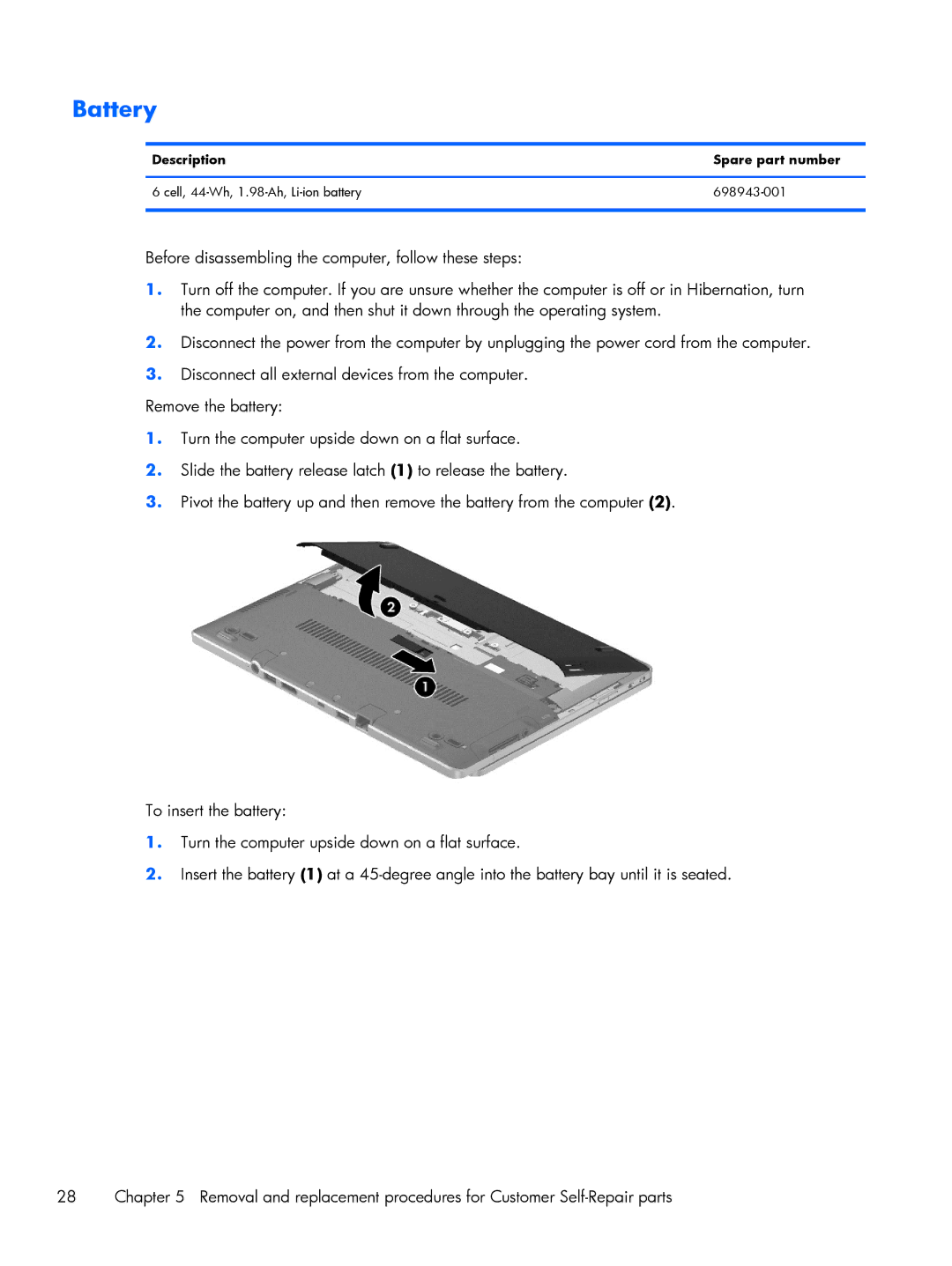 HP Rlve 810 G2 manual Battery, Description Spare part number 