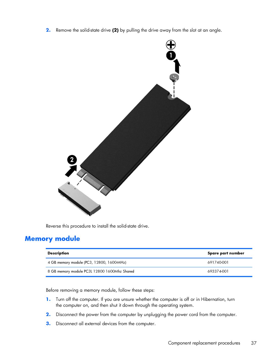 HP Rlve 810 G2 manual Memory module 