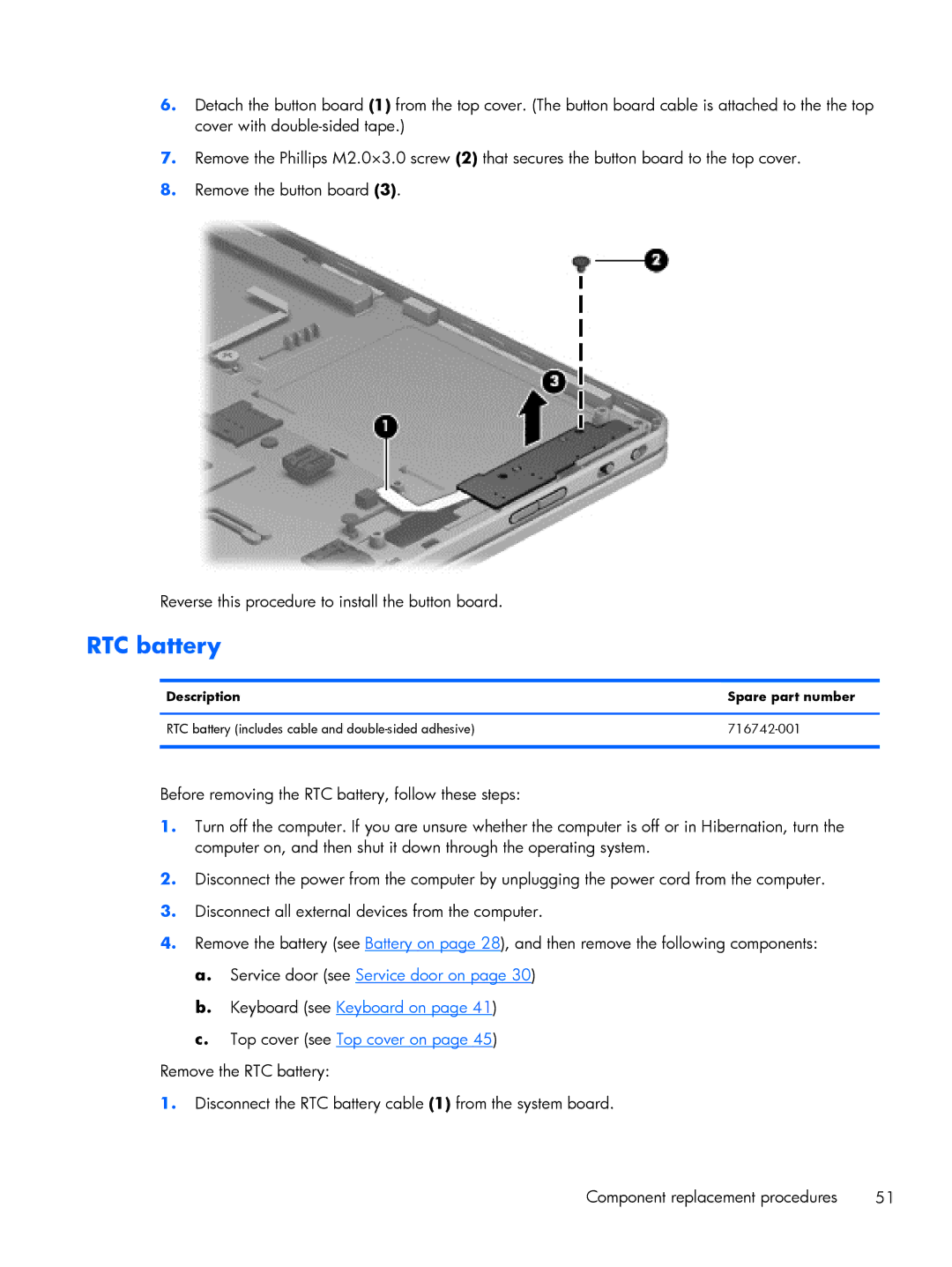 HP Rlve 810 G2 manual RTC battery, Description Spare part number 