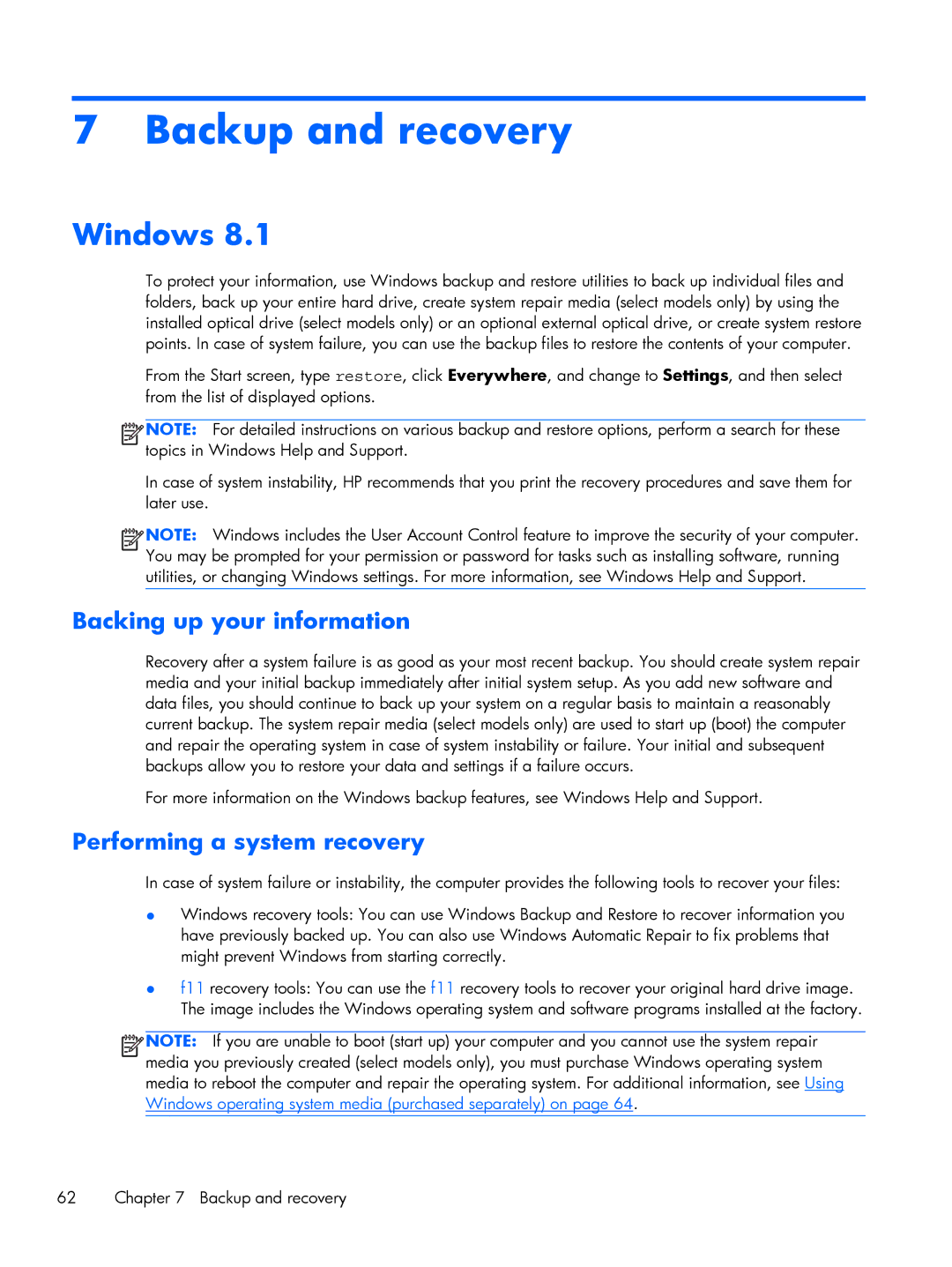 HP Rlve 810 G2 manual Backup and recovery, Windows, Backing up your information, Performing a system recovery 