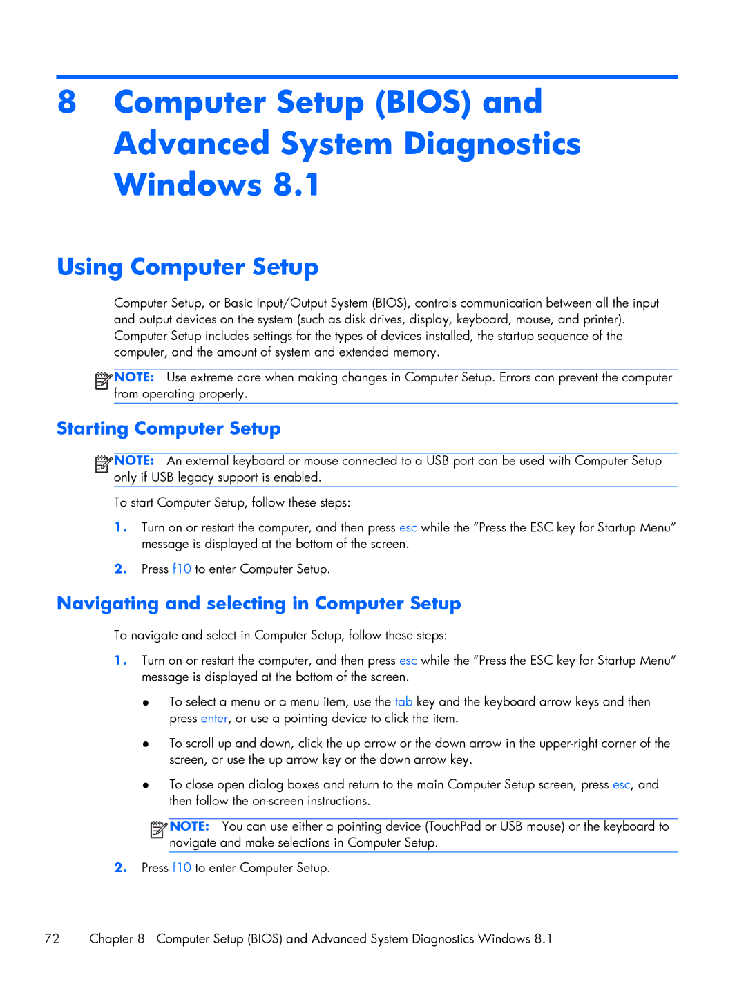 HP Rlve 810 G2 Computer Setup Bios and Advanced System Diagnostics Windows, Using Computer Setup, Starting Computer Setup 