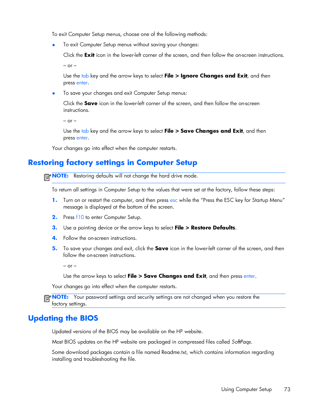 HP Rlve 810 G2 manual Restoring factory settings in Computer Setup, Updating the Bios 