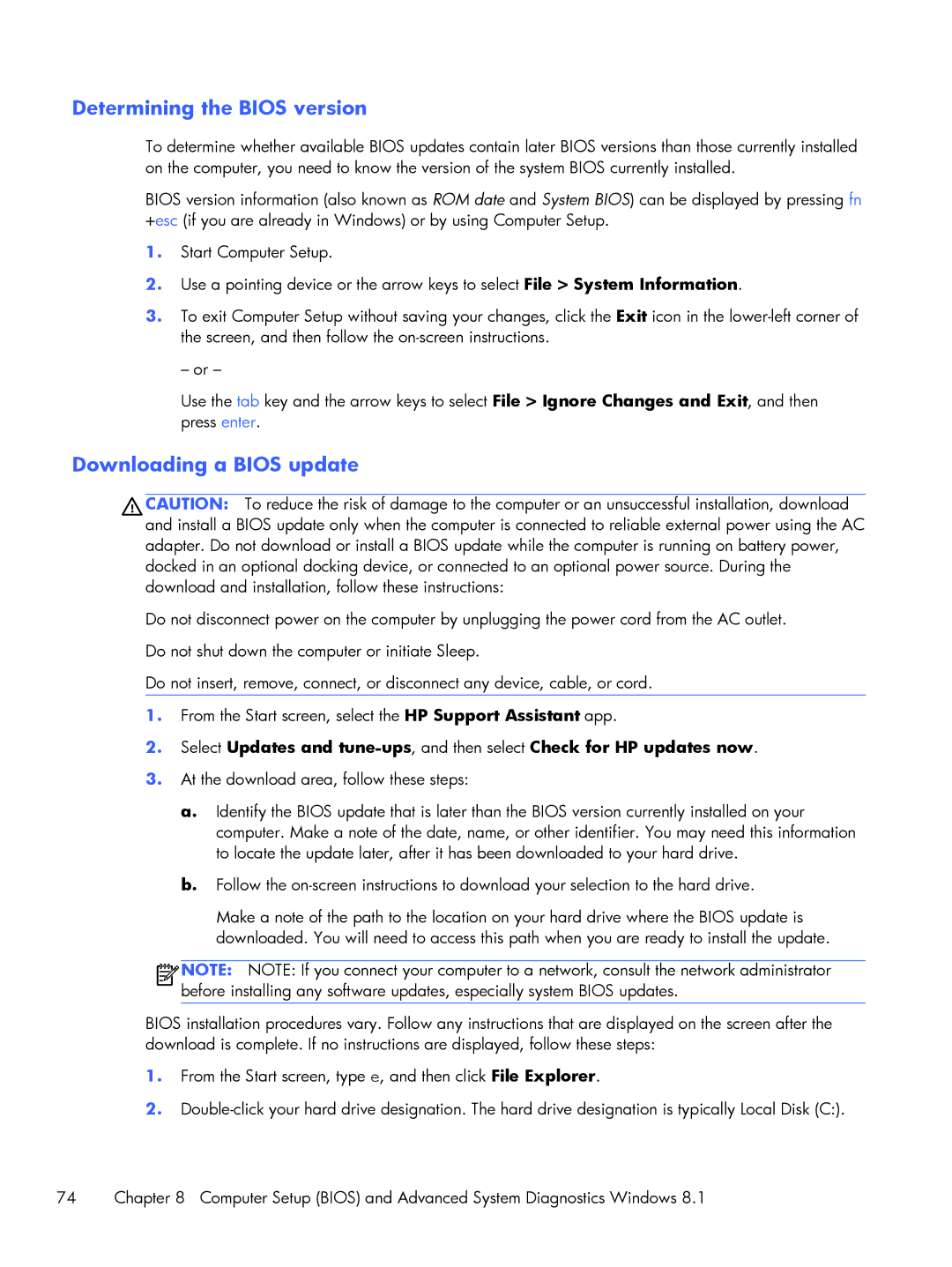 HP Rlve 810 G2 manual Determining the Bios version, Downloading a Bios update 