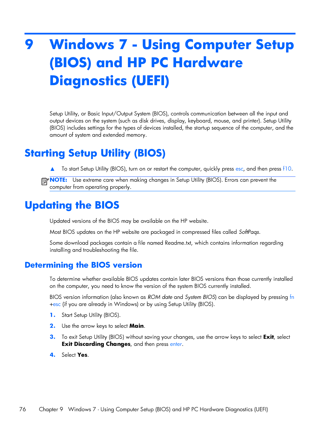 HP Rlve 810 G2 manual Starting Setup Utility Bios, Updating the Bios, Determining the Bios version 