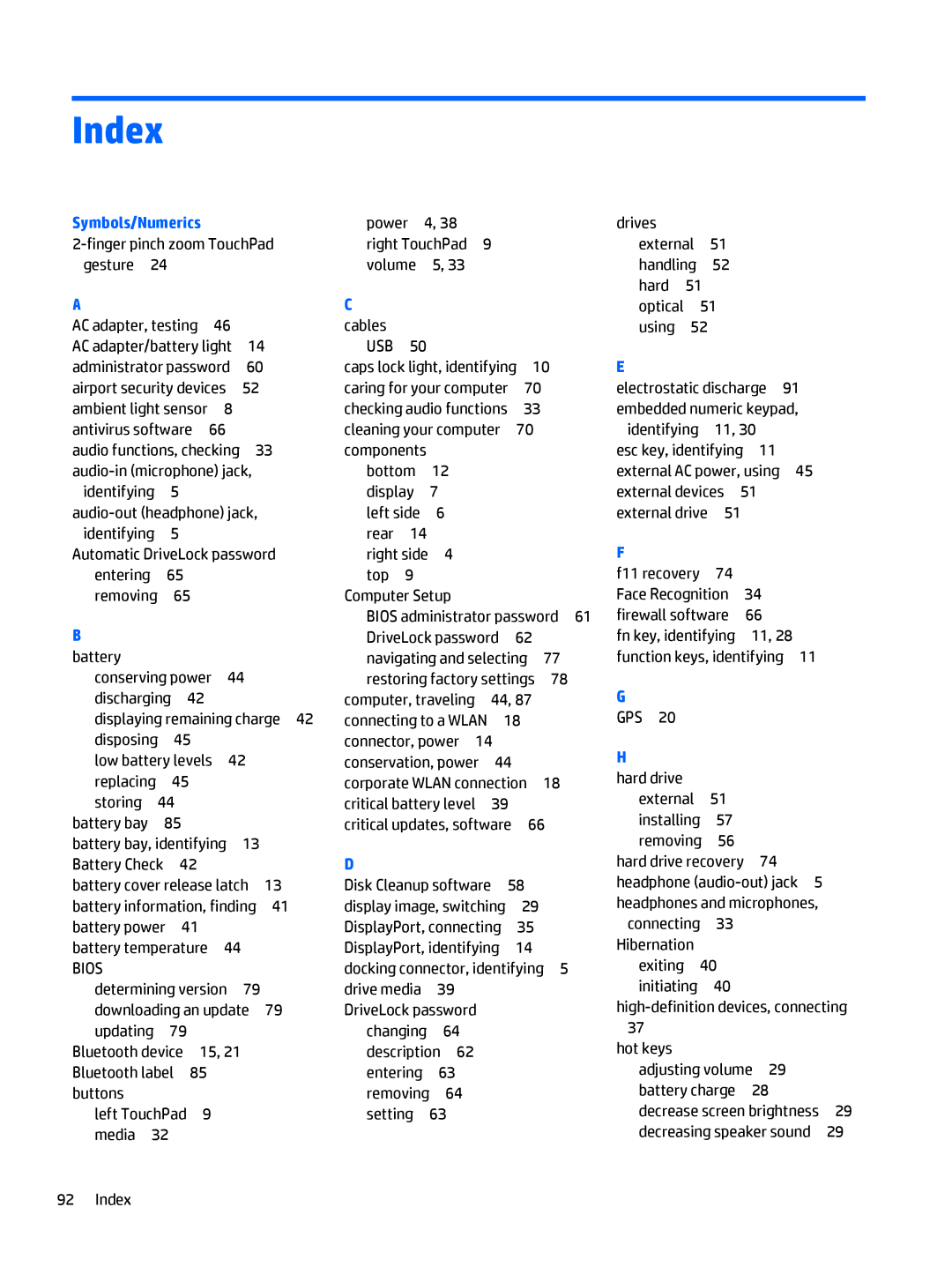 HP Rlve 810 G3 manual Index, Symbols/Numerics 