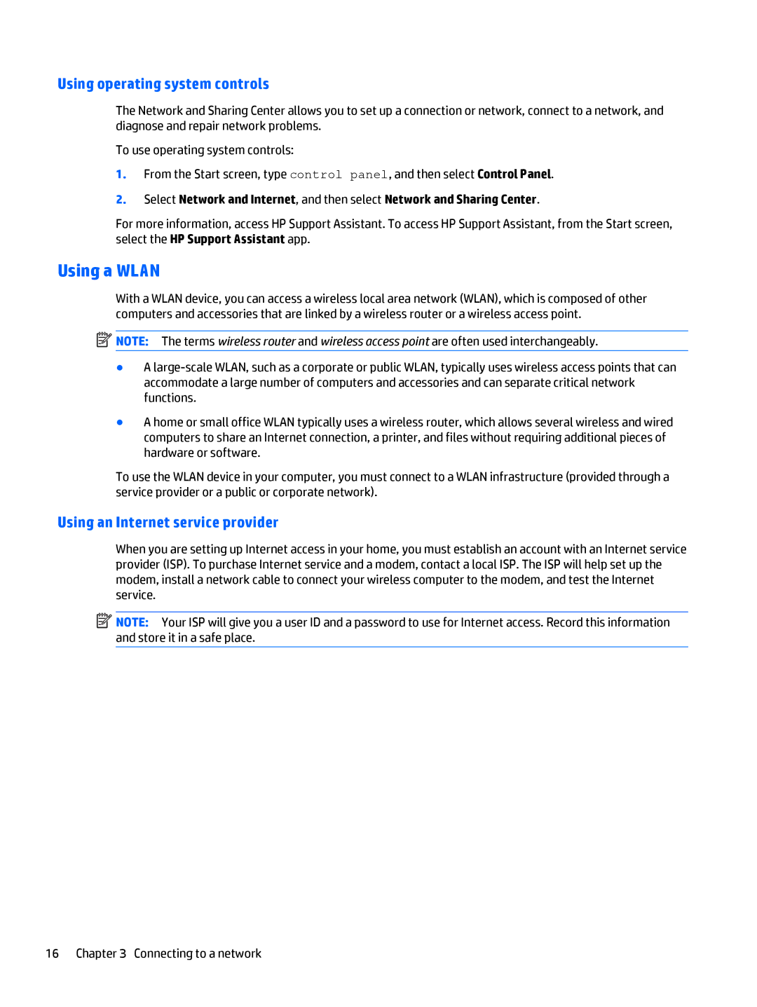 HP Rlve 810 G3 manual Using a Wlan, Using operating system controls, Using an Internet service provider 