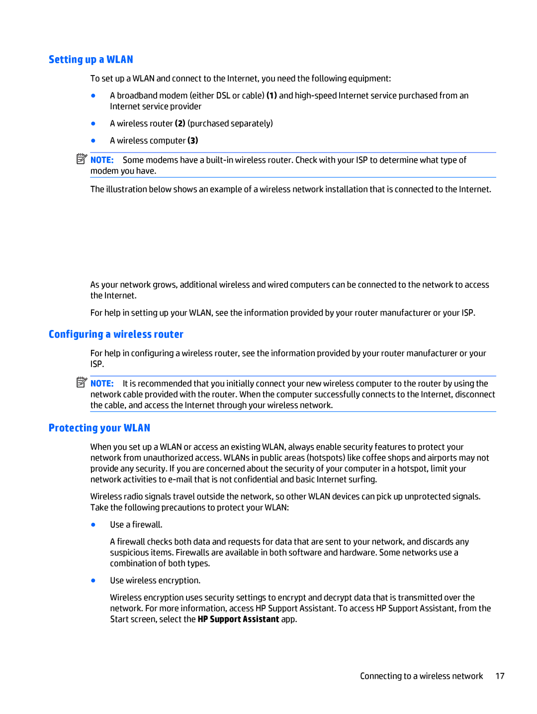 HP Rlve 810 G3 manual Setting up a Wlan, Configuring a wireless router, Protecting your Wlan 