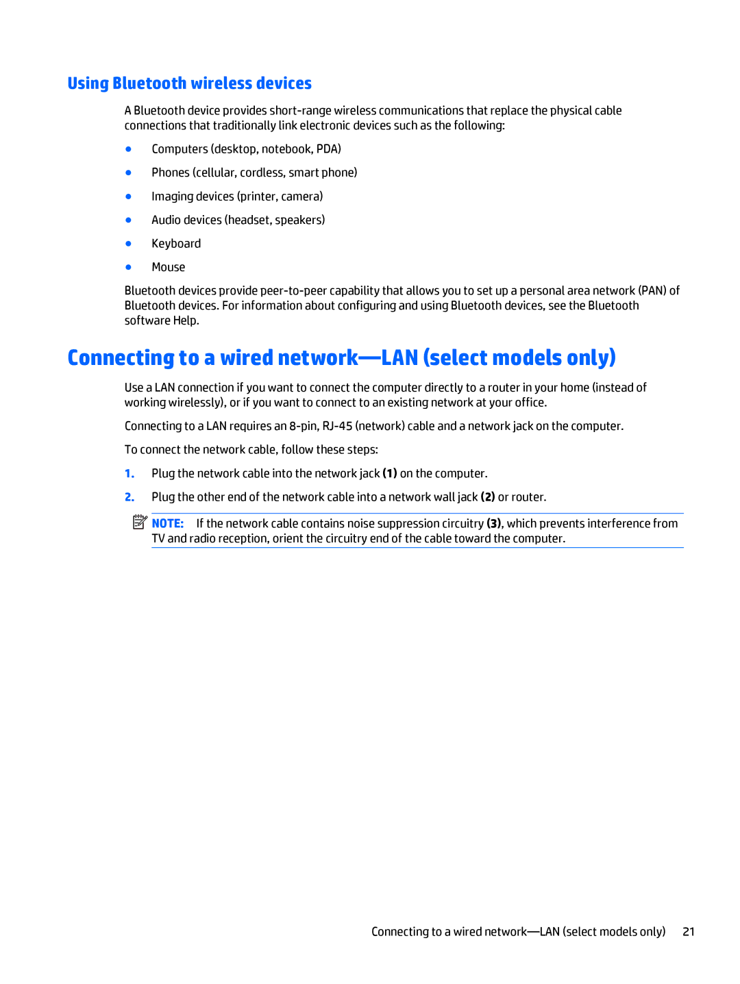 HP Rlve 810 G3 manual Connecting to a wired network-LAN select models only, Using Bluetooth wireless devices 