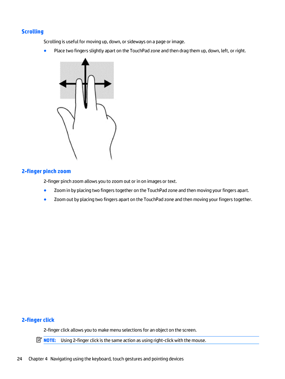 HP Rlve 810 G3 manual Scrolling, Finger pinch zoom, Finger click 
