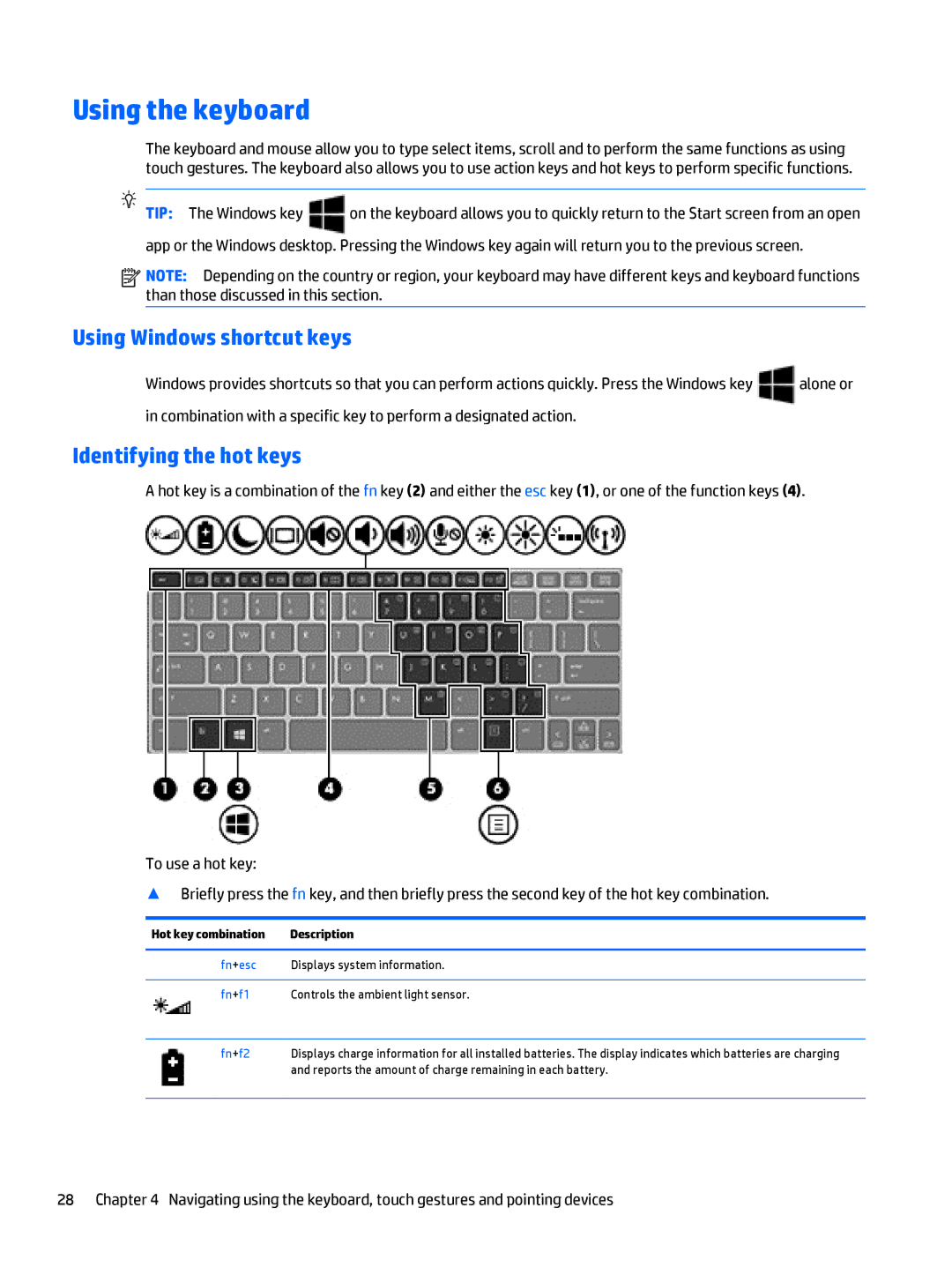 HP Rlve 810 G3 manual Using the keyboard, Using Windows shortcut keys, Identifying the hot keys 