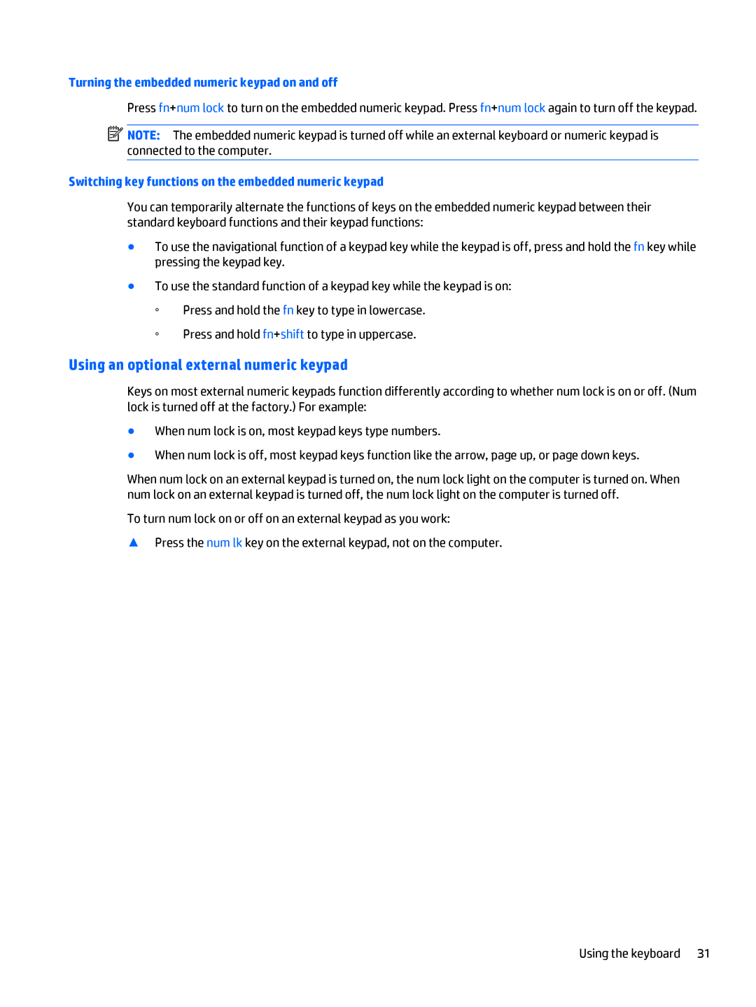 HP Rlve 810 G3 manual Using an optional external numeric keypad, Turning the embedded numeric keypad on and off 