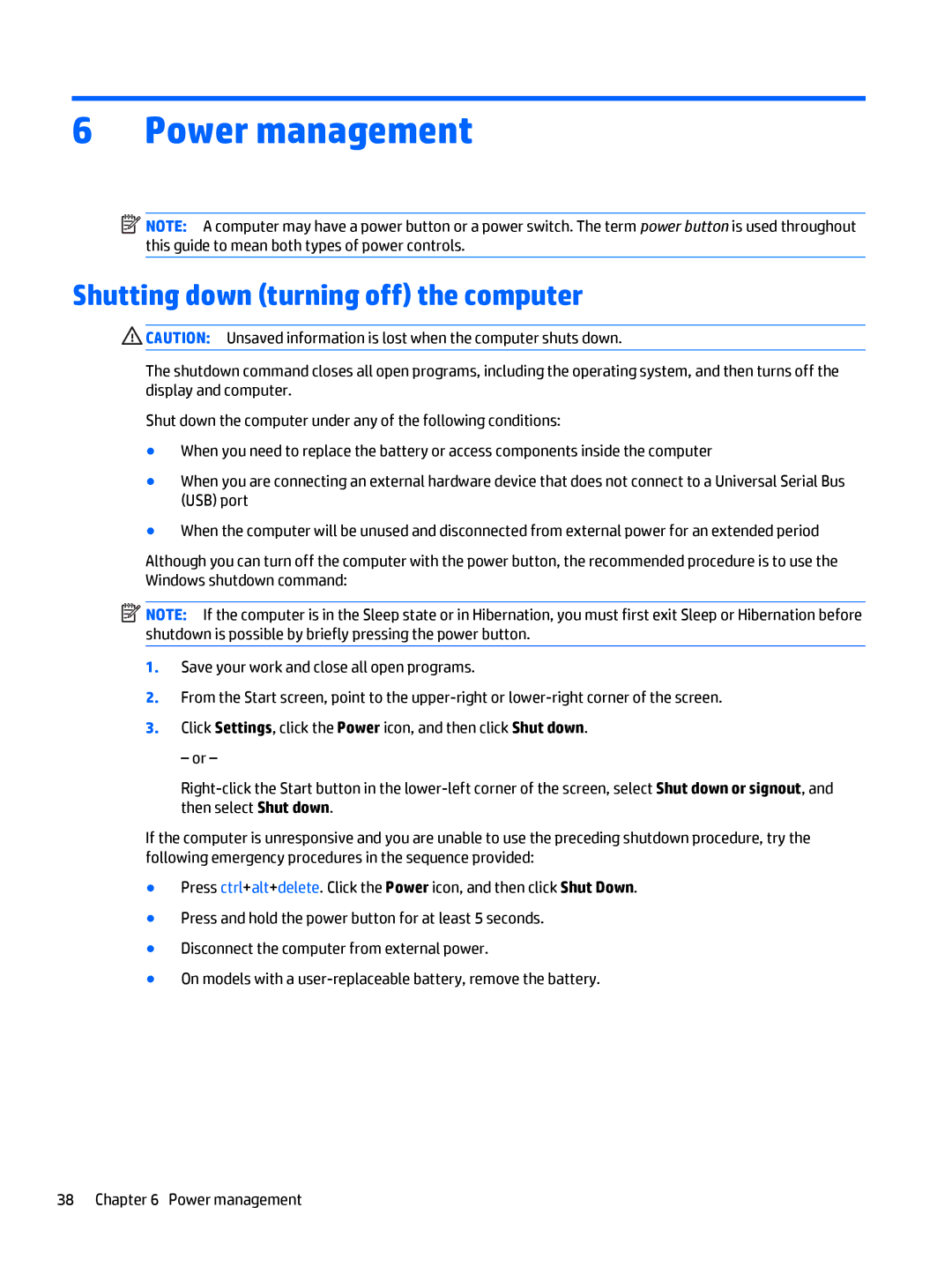 HP Rlve 810 G3 manual Power management, Shutting down turning off the computer 