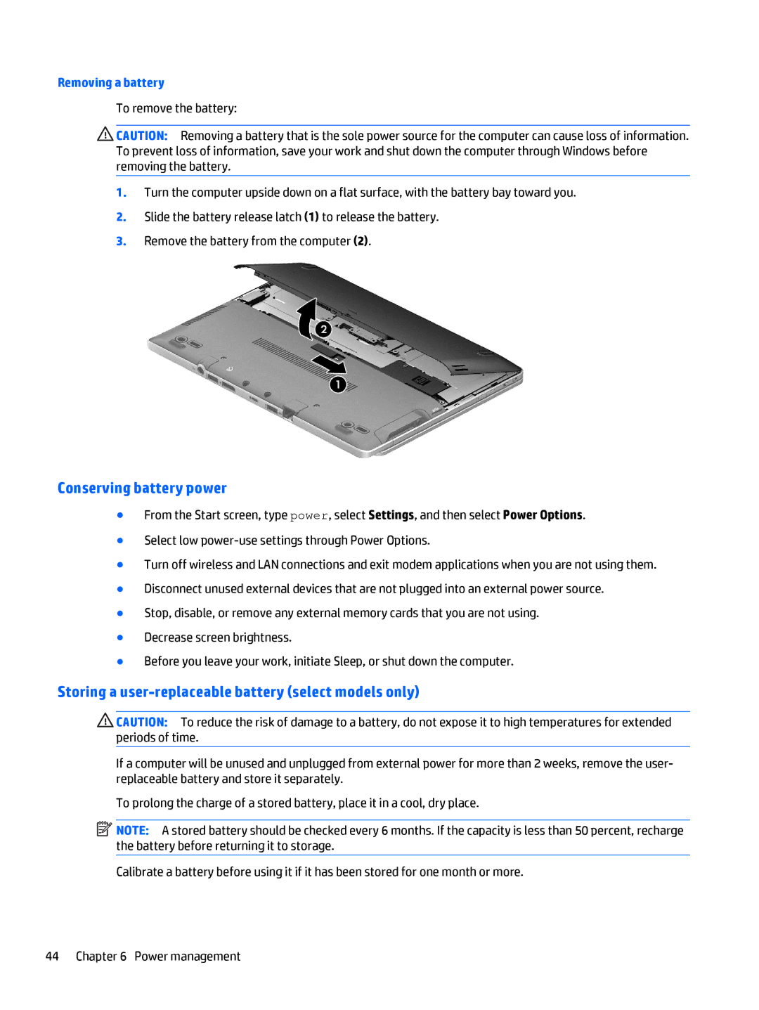 HP Rlve 810 G3 manual Conserving battery power, Storing a user-replaceable battery select models only 