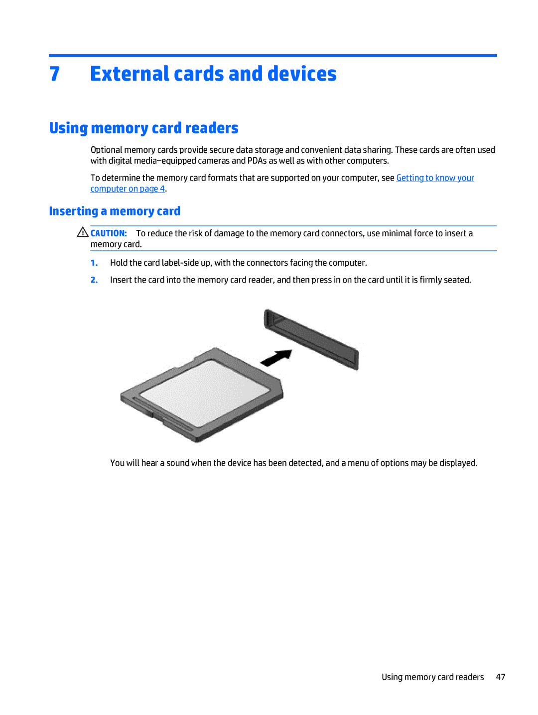 HP Rlve 810 G3 manual External cards and devices, Using memory card readers, Inserting a memory card 