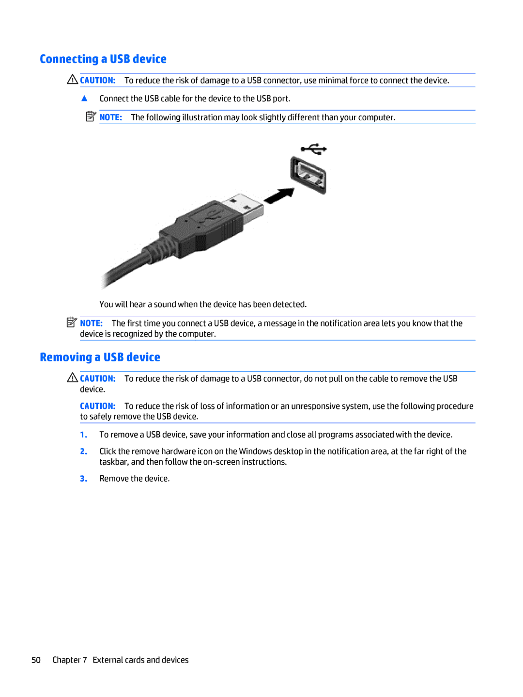 HP Rlve 810 G3 manual Connecting a USB device, Removing a USB device 