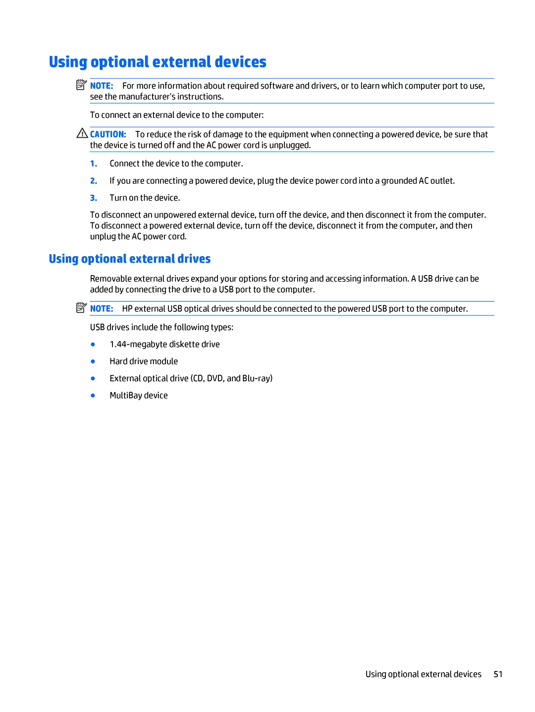 HP Rlve 810 G3 manual Using optional external devices, Using optional external drives 