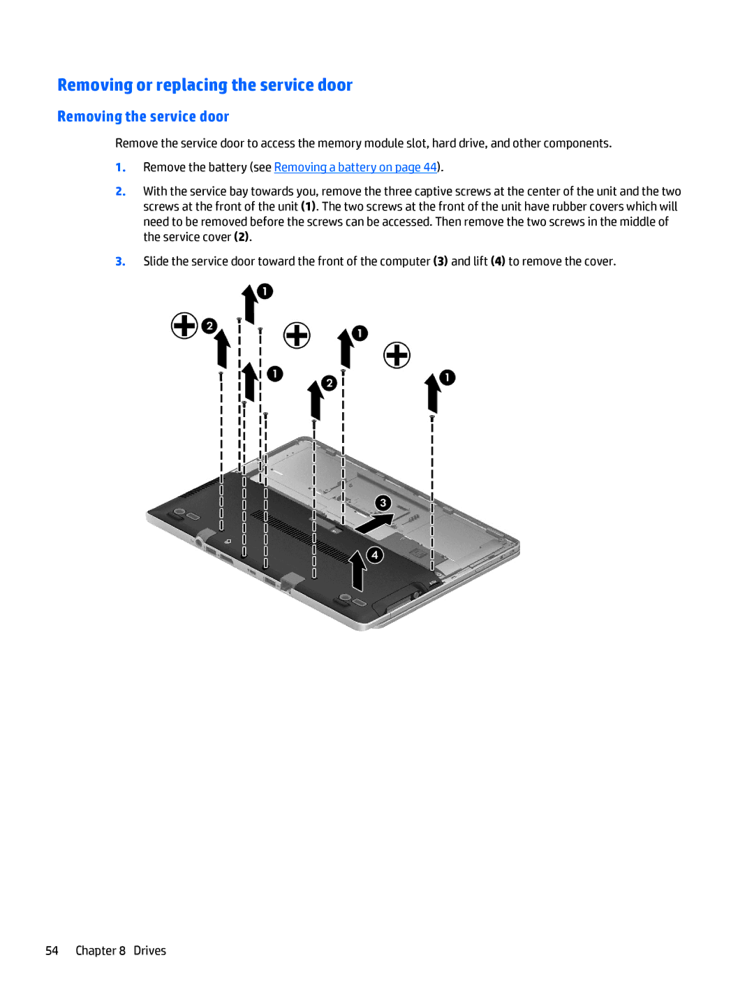 HP Rlve 810 G3 manual Removing or replacing the service door, Removing the service door 