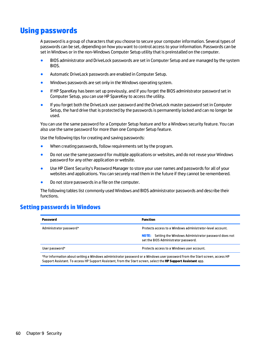 HP Rlve 810 G3 manual Using passwords, Setting passwords in Windows, Password Function 