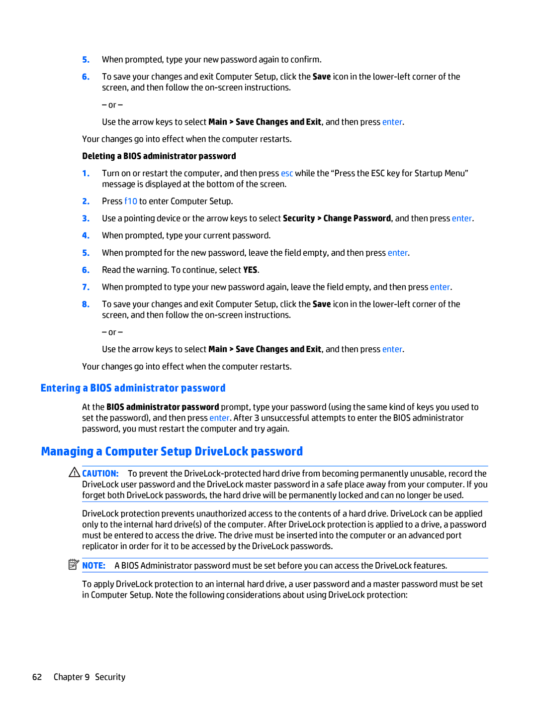 HP Rlve 810 G3 manual Managing a Computer Setup DriveLock password, Entering a Bios administrator password 