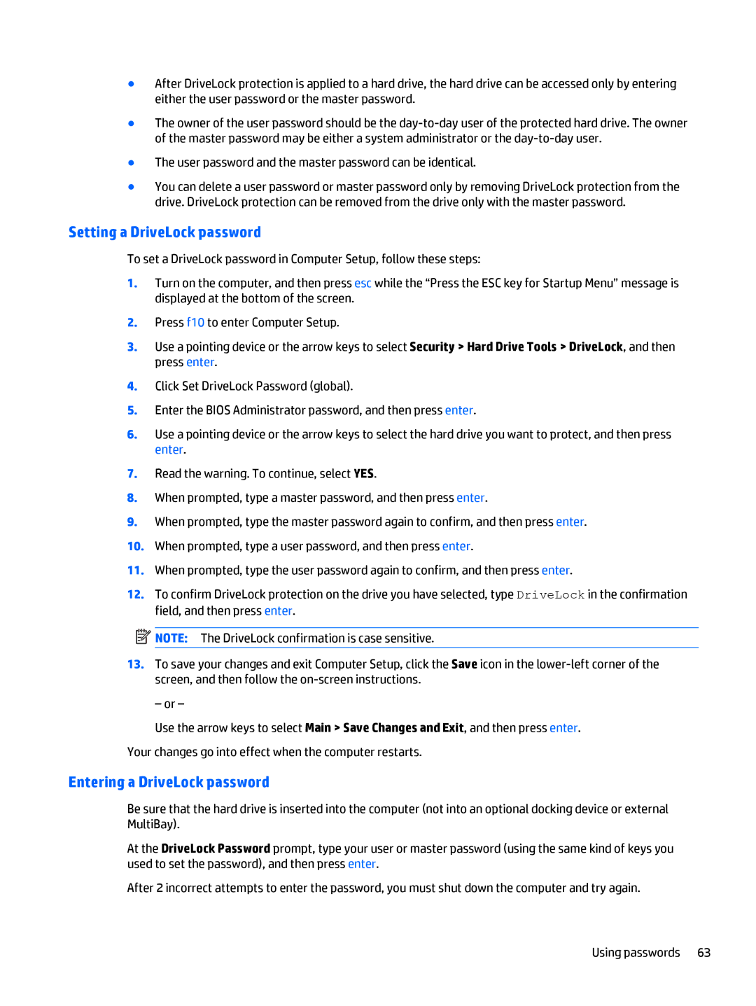 HP Rlve 810 G3 manual Setting a DriveLock password, Entering a DriveLock password 