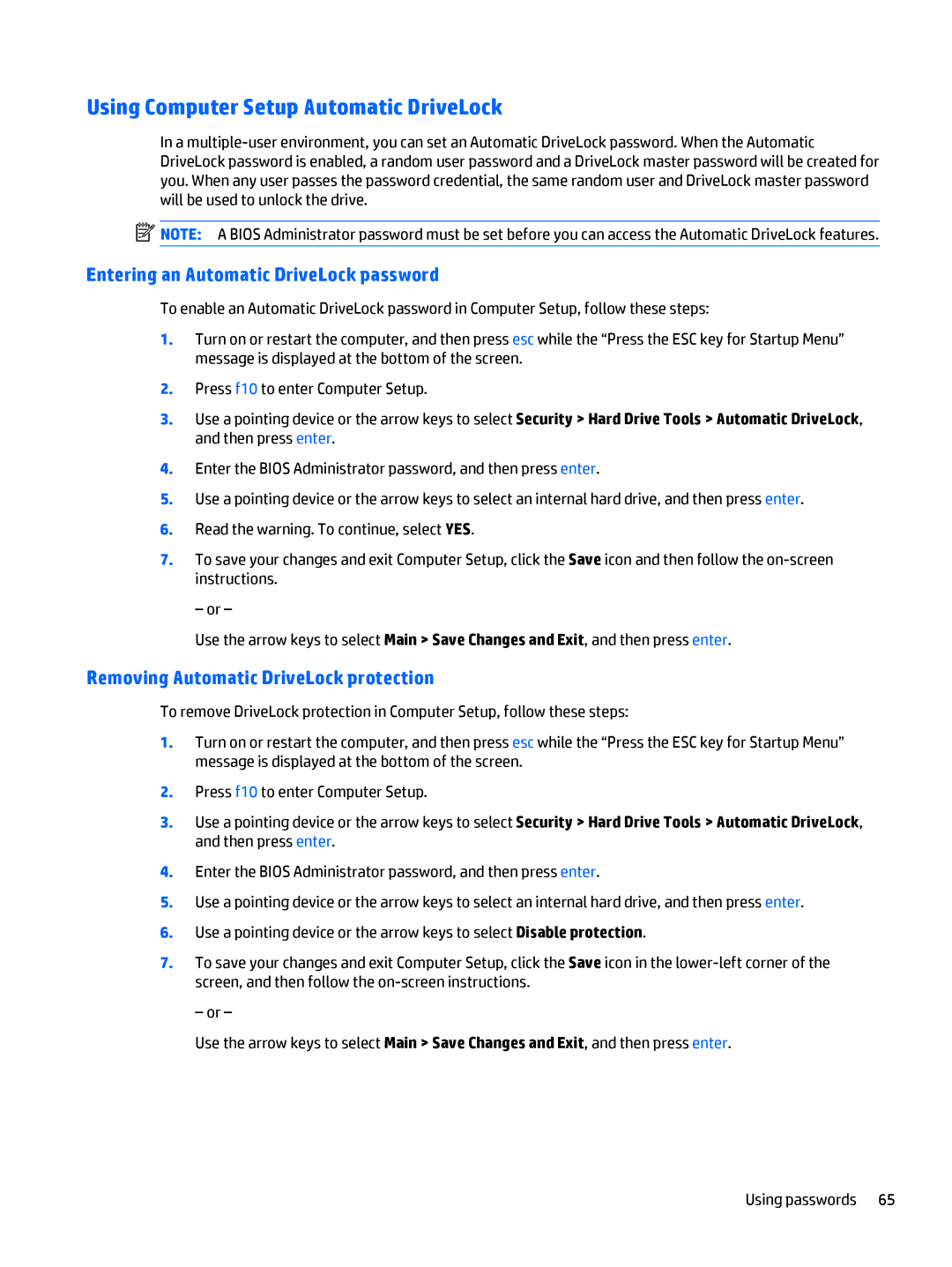 HP Rlve 810 G3 manual Using Computer Setup Automatic DriveLock, Entering an Automatic DriveLock password 