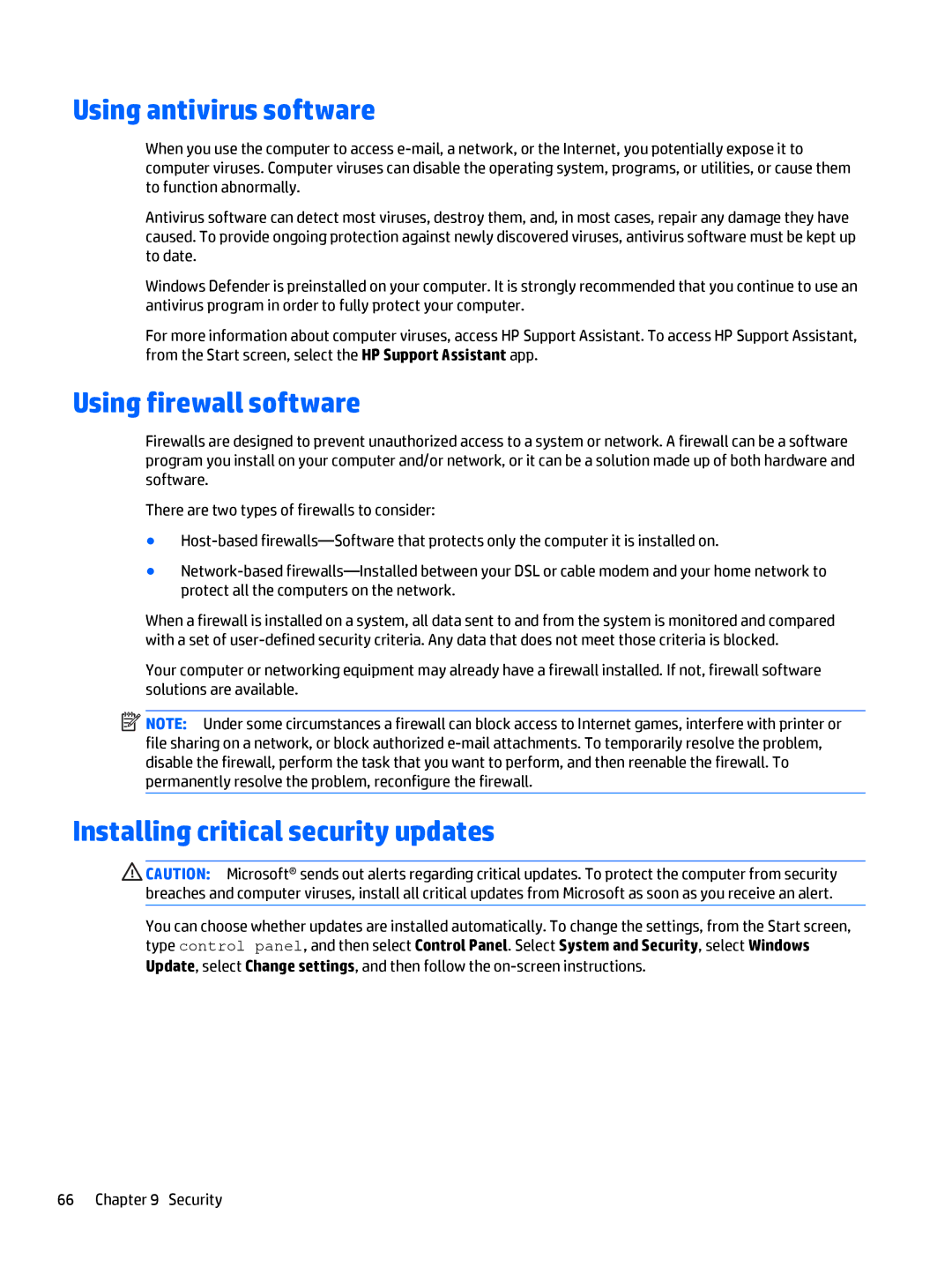 HP Rlve 810 G3 manual Using antivirus software, Using firewall software, Installing critical security updates 