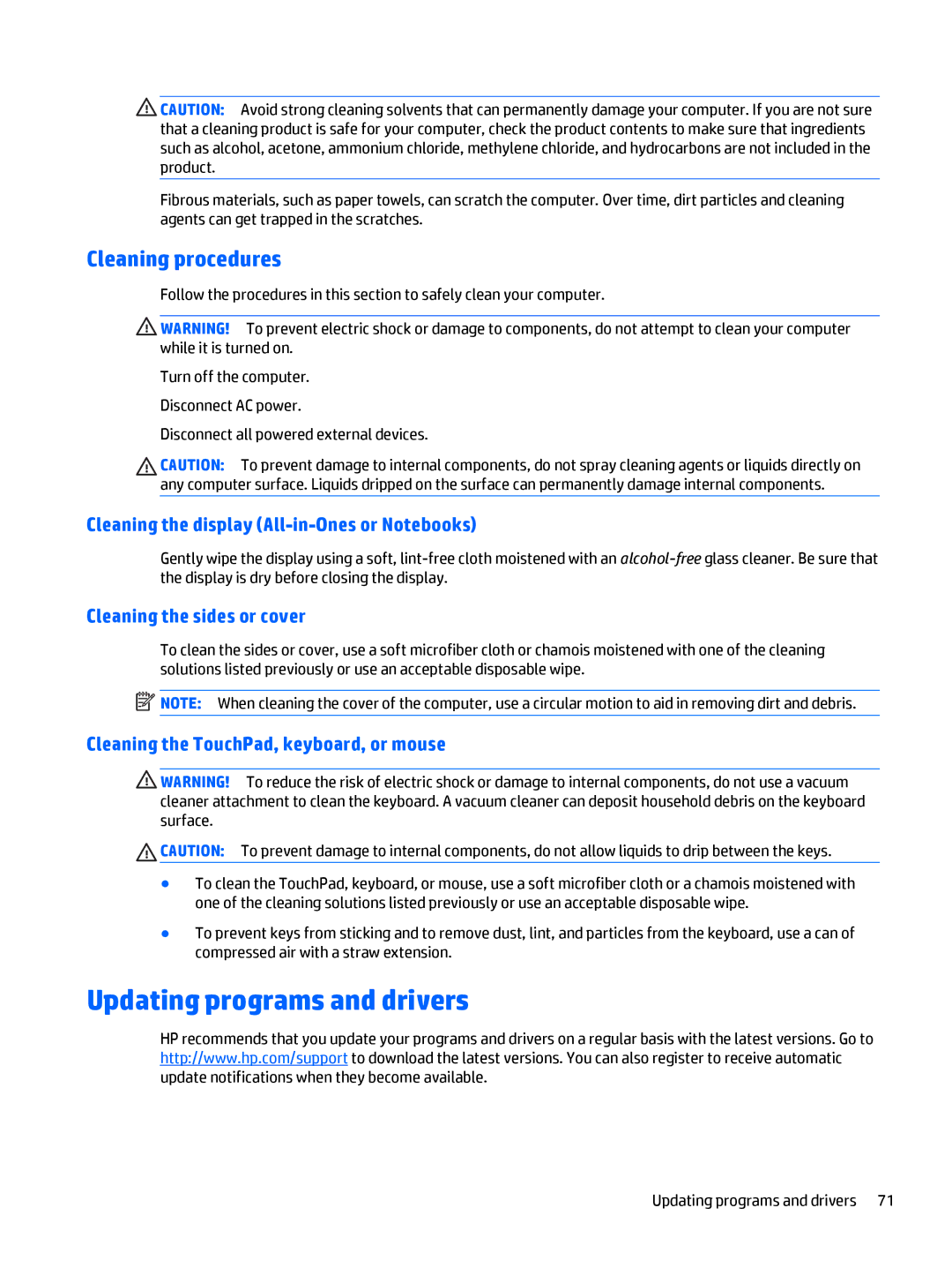 HP Rlve 810 G3 manual Updating programs and drivers, Cleaning procedures, Cleaning the display All-in-Ones or Notebooks 