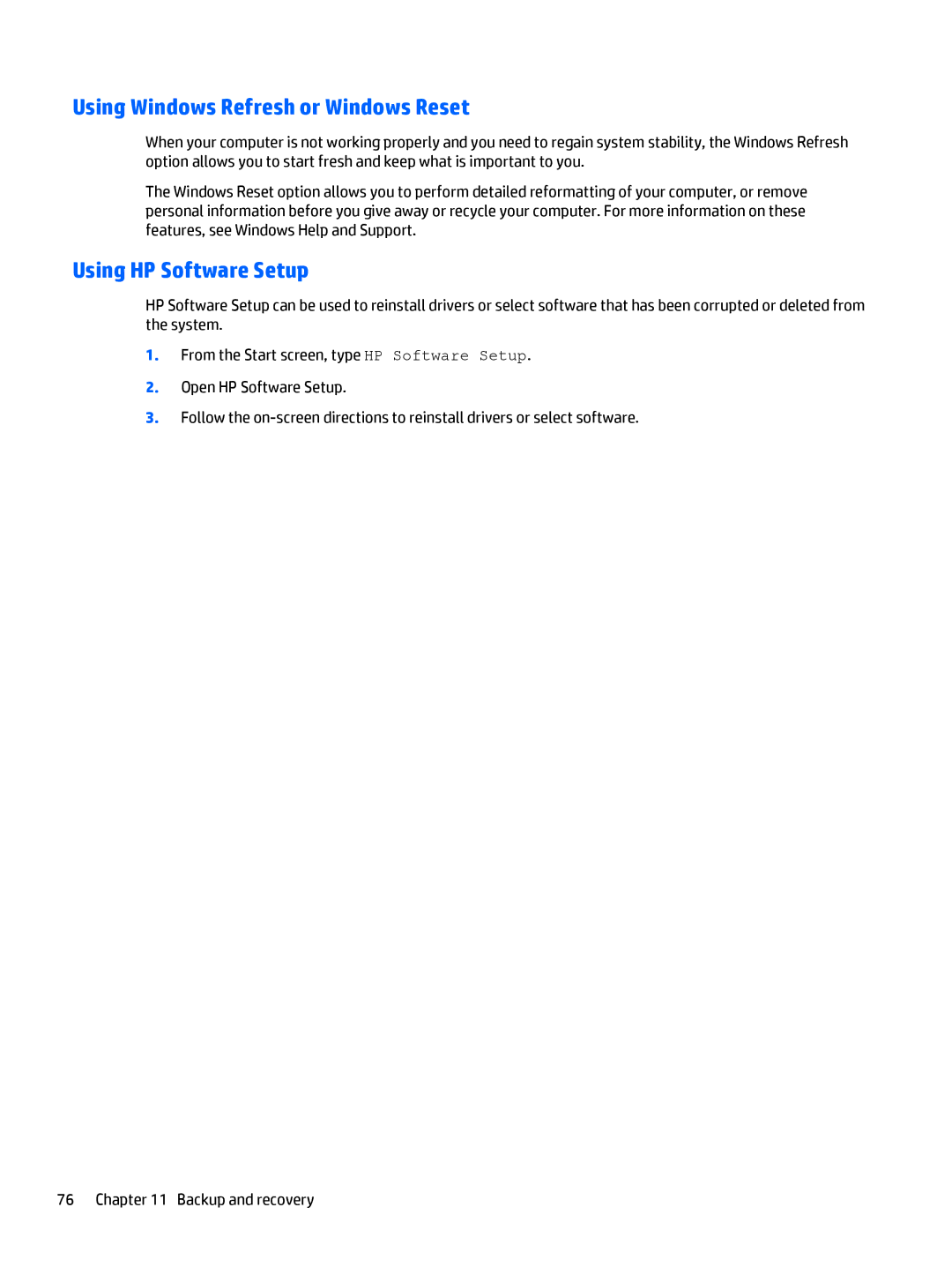HP Rlve 810 G3 manual Using Windows Refresh or Windows Reset, Using HP Software Setup 
