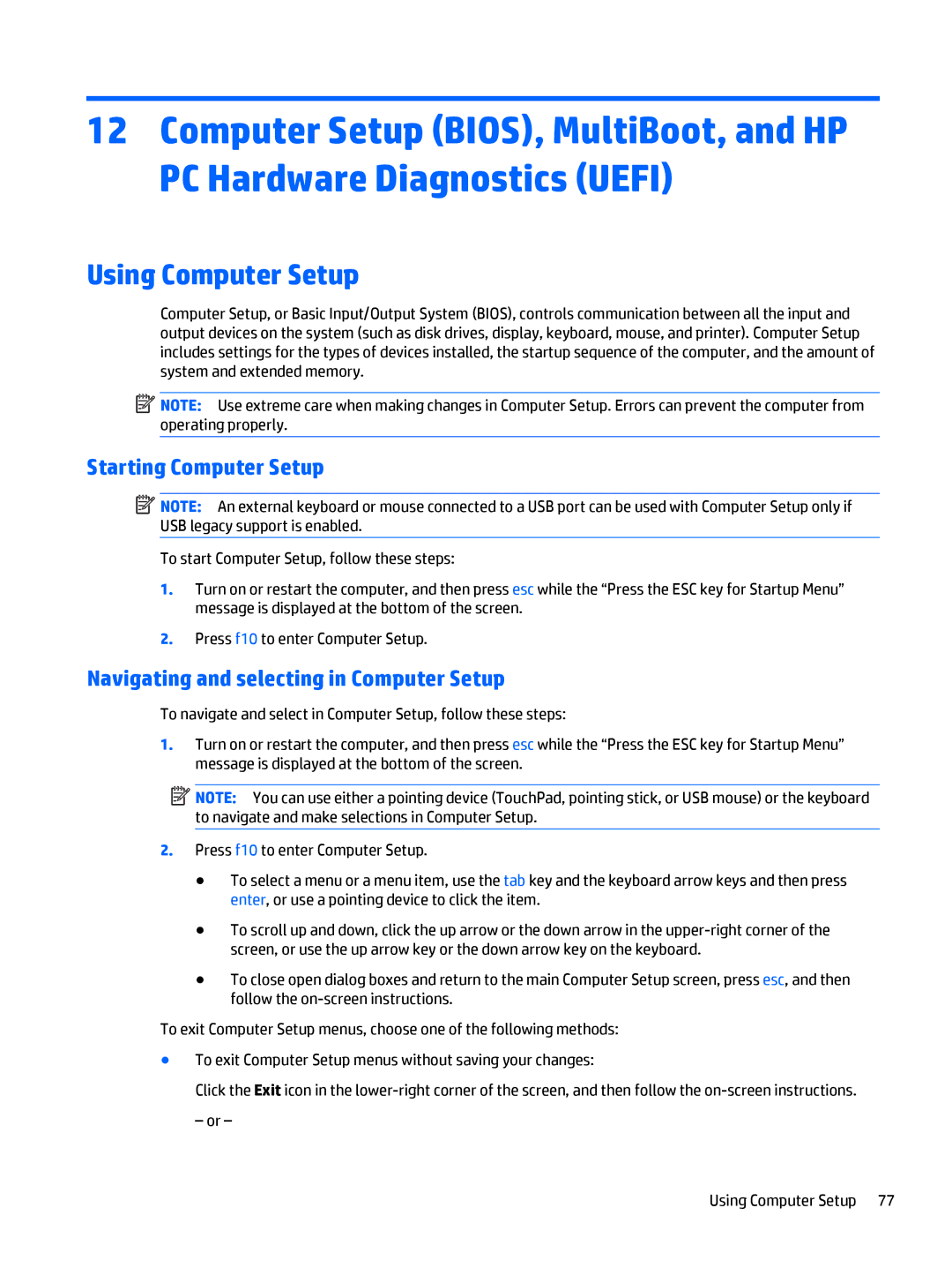 HP Rlve 810 G3 manual Using Computer Setup, Starting Computer Setup, Navigating and selecting in Computer Setup 