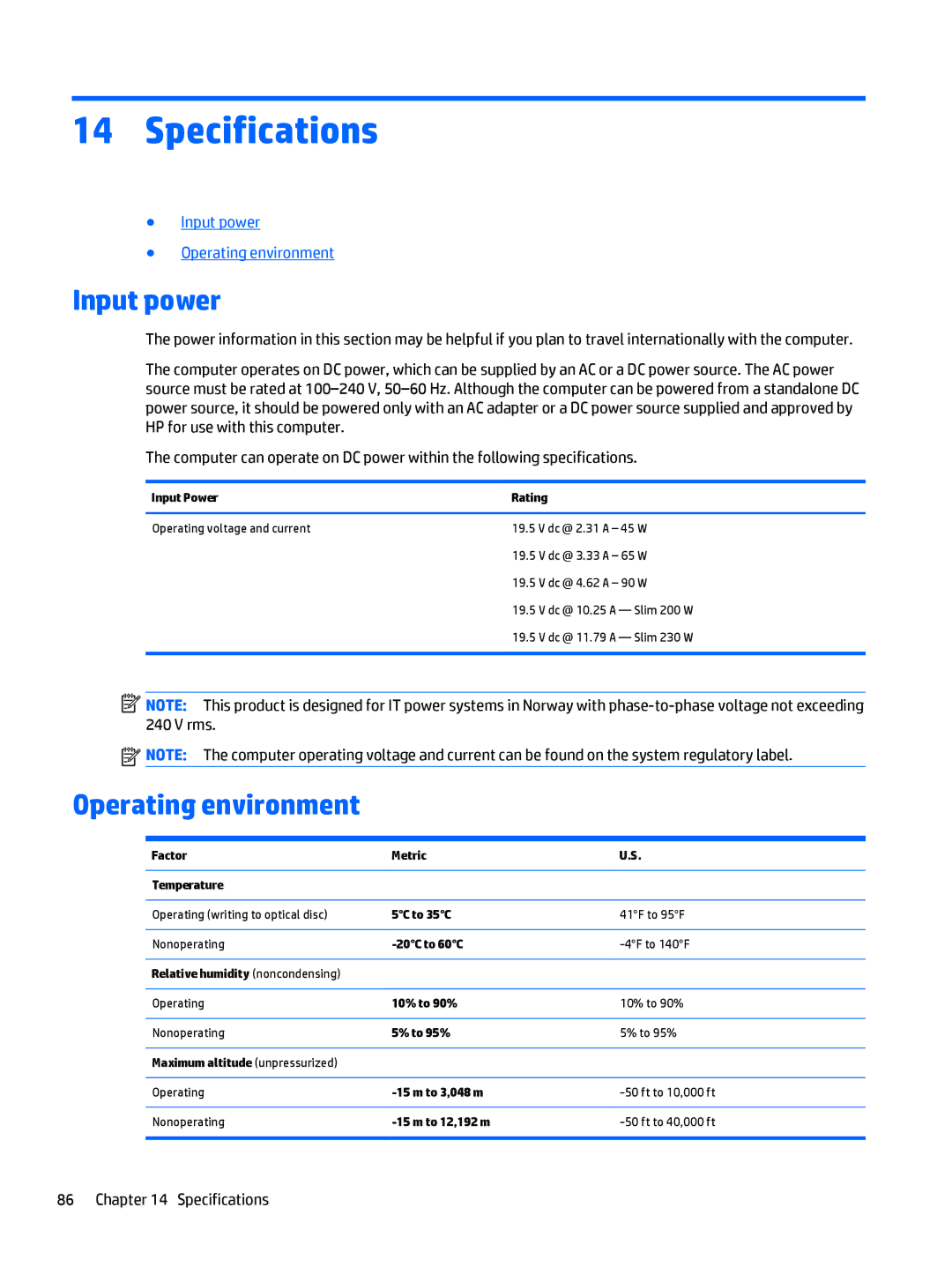 HP Rlve 810 G3 manual Specifications, Input power, Operating environment 