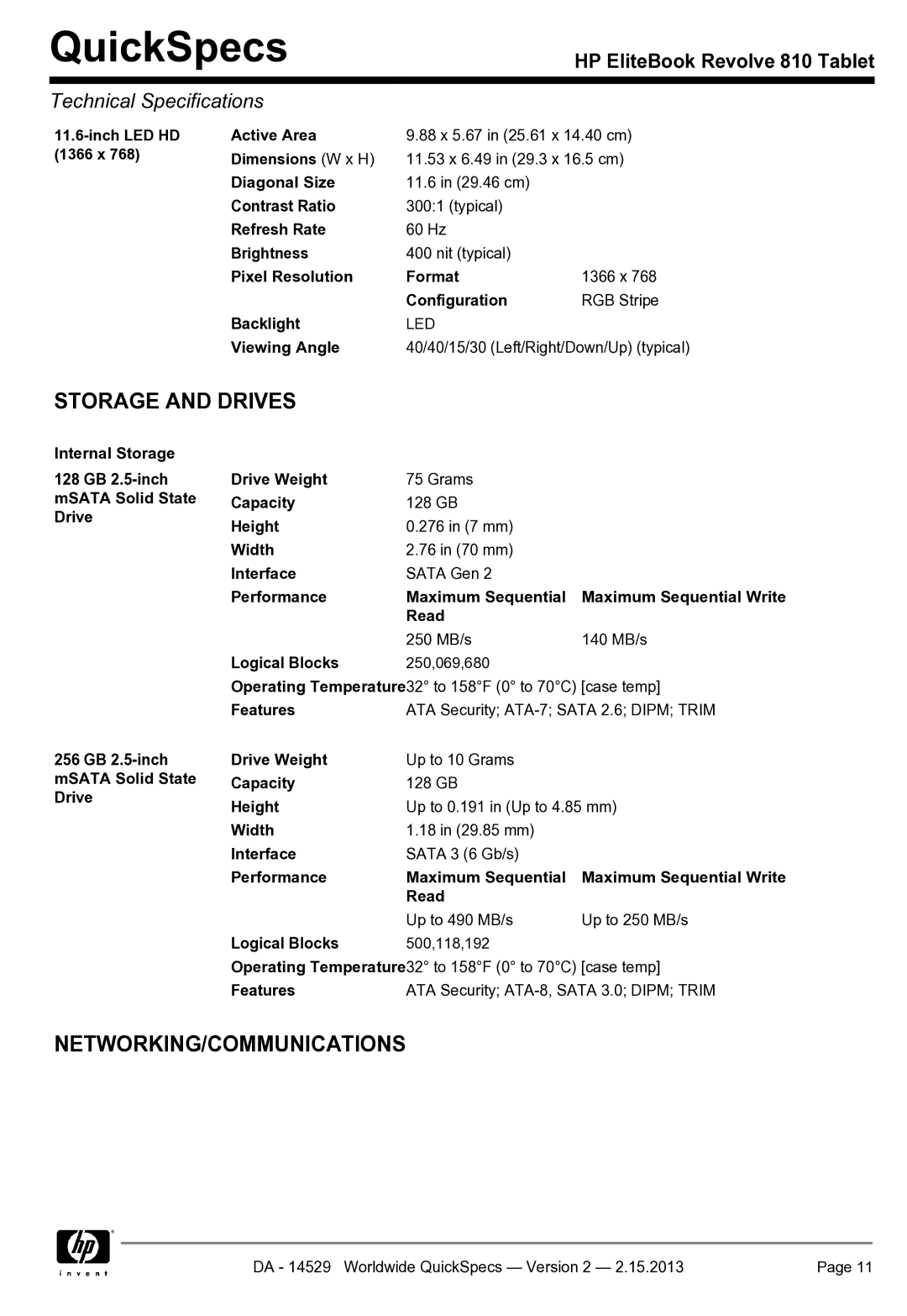 HP Rlve D3K48UT 11.6' D3K48UT#ABA manual Storage and Drives, Viewing Angle 40/40/15/30 Left/Right/Down/Up typical 