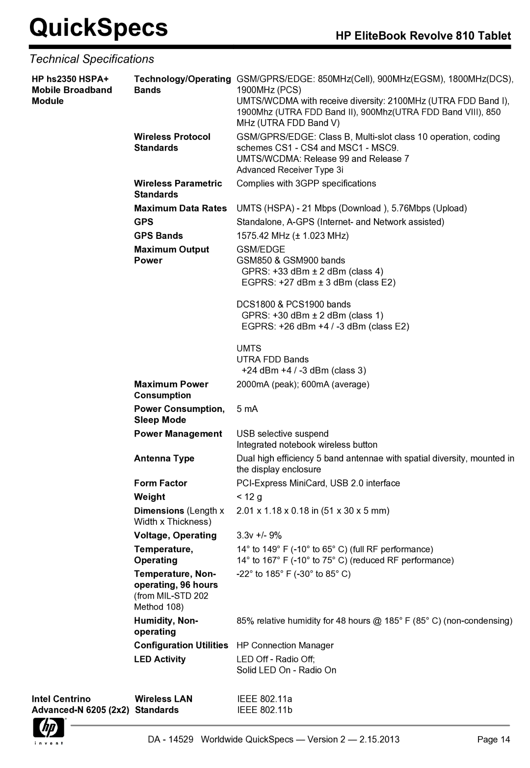 HP Rlve D3K48UT 11.6' D3K48UT#ABA HP hs2350 HSPA+ Technology/Operating, Mobile Broadband Bands, Module, Temperature, Non 