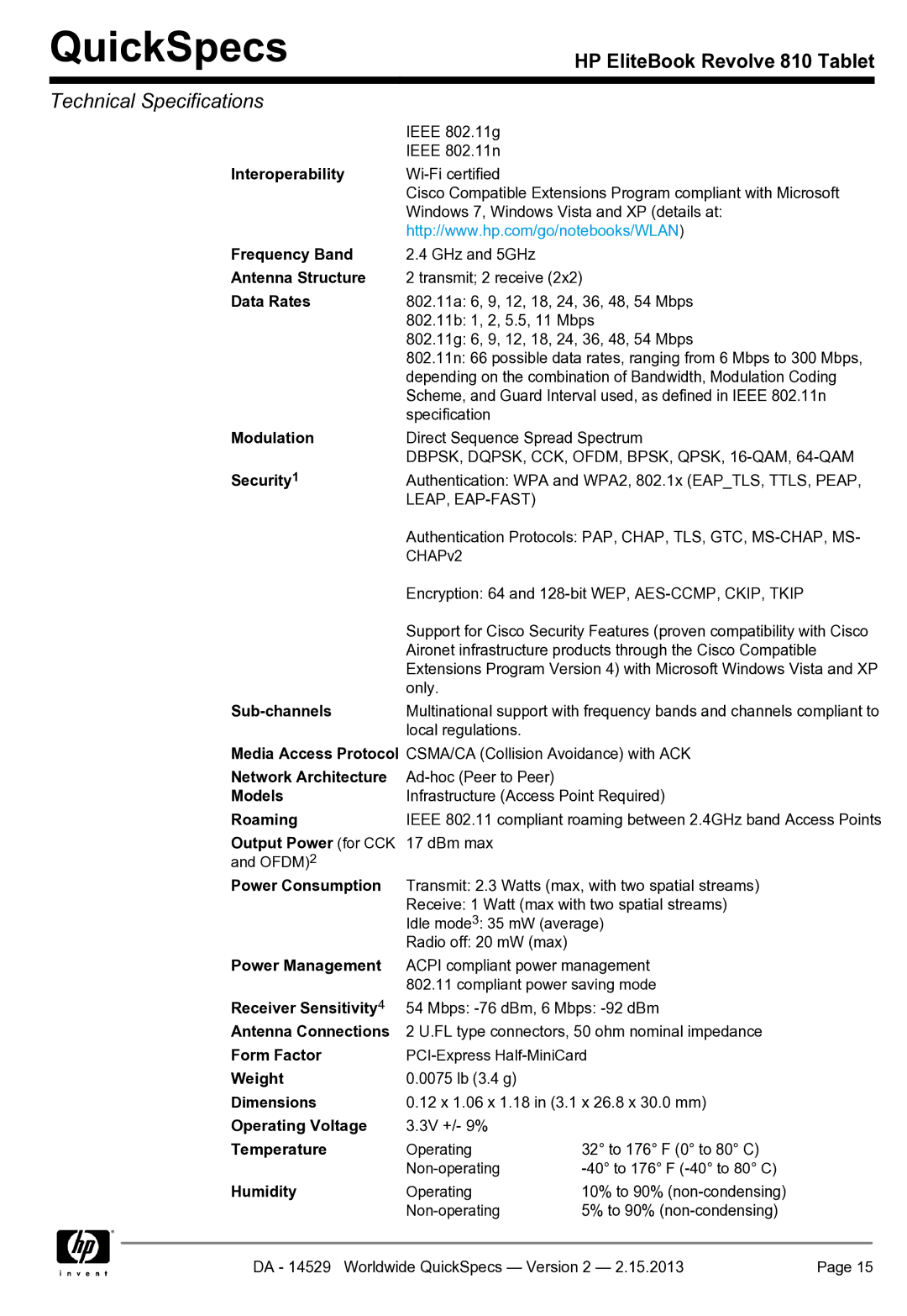 HP Rlve D3K48UT 11.6' D3K48UT#ABA Interoperability, Frequency Band, Antenna Structure, Data Rates, Modulation, Security 