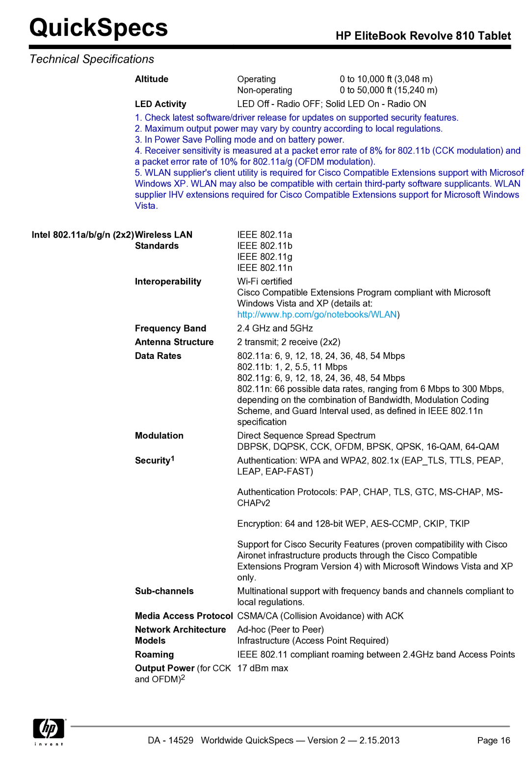 HP Rlve D3K48UT 11.6' D3K48UT#ABA manual Altitude, Intel 802.11a/b/g/n 2x2Wireless LAN, Output Power for CCK 