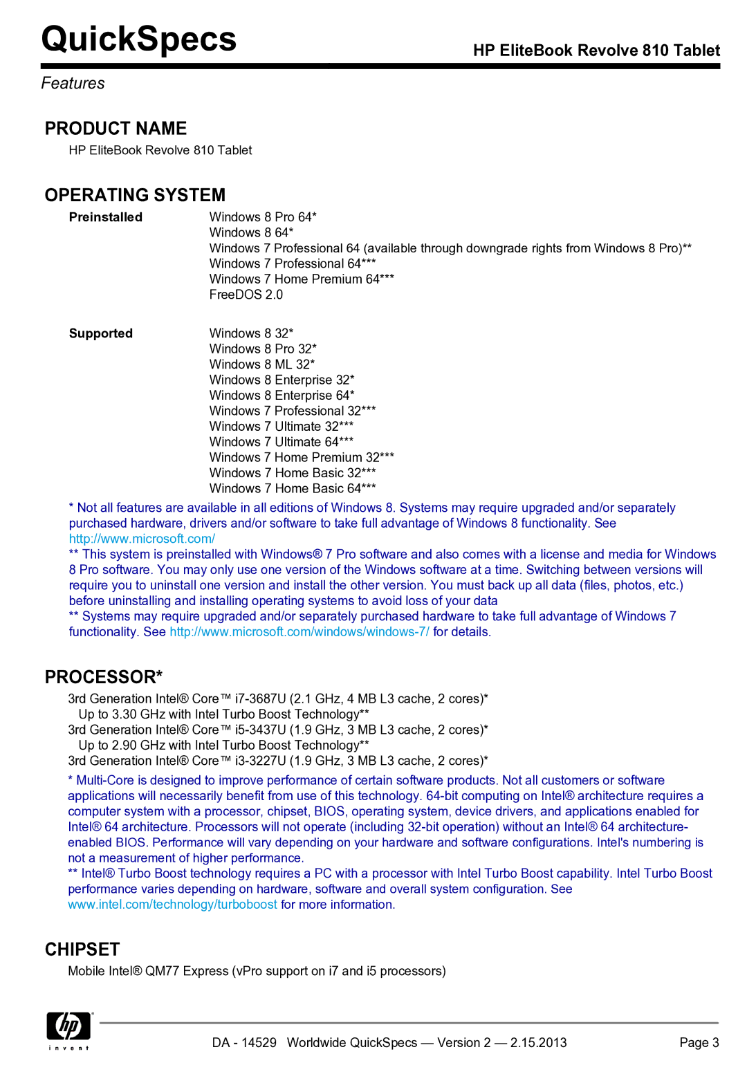 HP Rlve D3K48UT 11.6' D3K48UT#ABA manual Product Name, Operating System, Processor, Chipset 