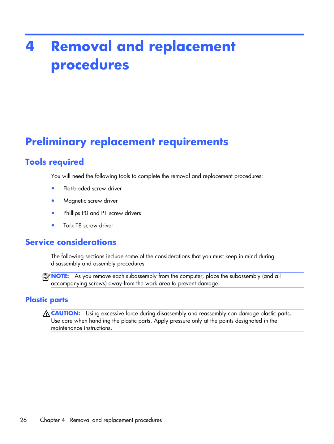 HP Rlve D8D82UT D8D82UT#ABA manual Removal and replacement procedures, Preliminary replacement requirements, Tools required 