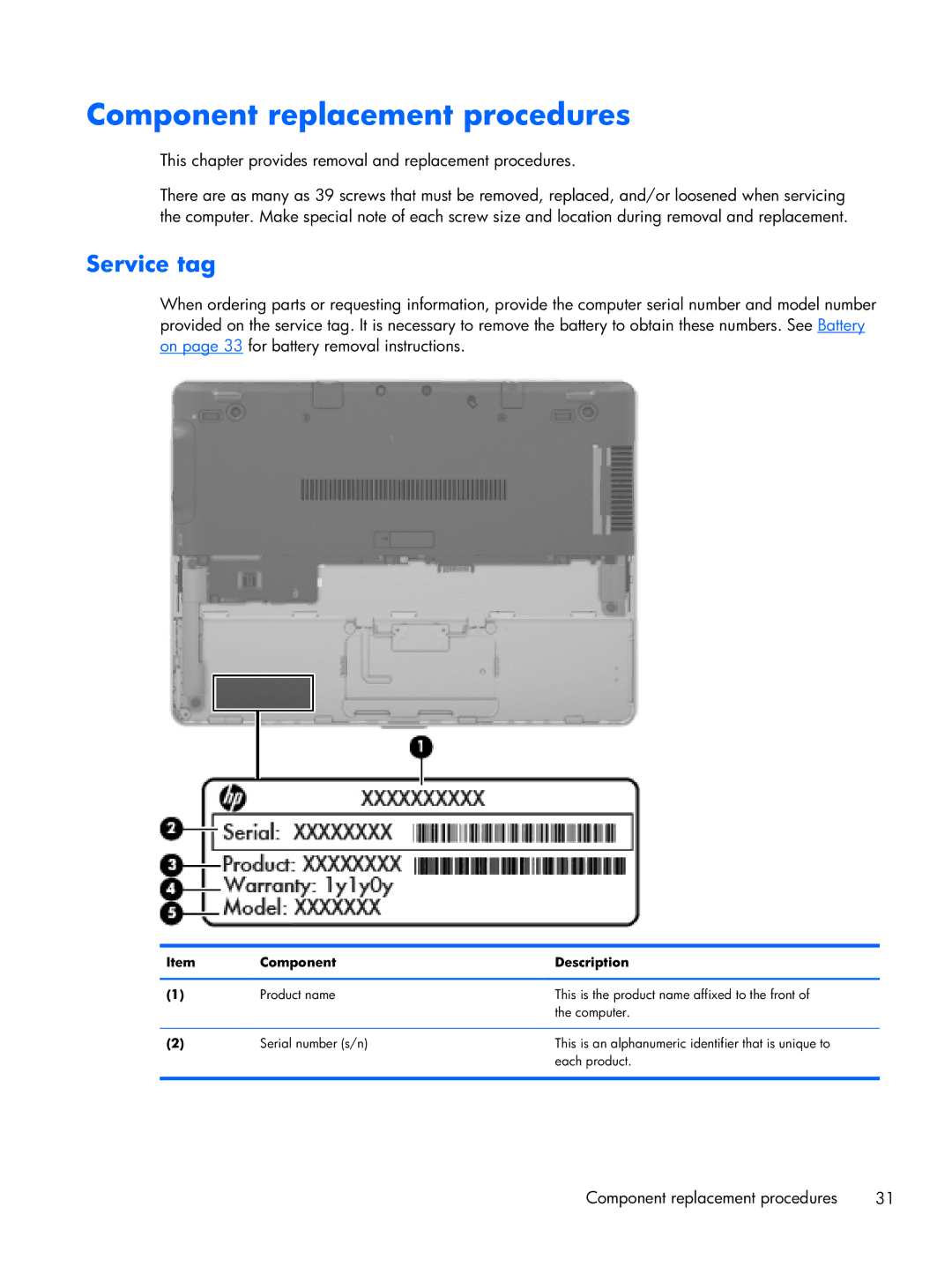 HP Rlve D3K52UT 11.6 D3K52UT#ABA, Rlve D8D82UT D8D82UT#ABA manual Component replacement procedures, Service tag 