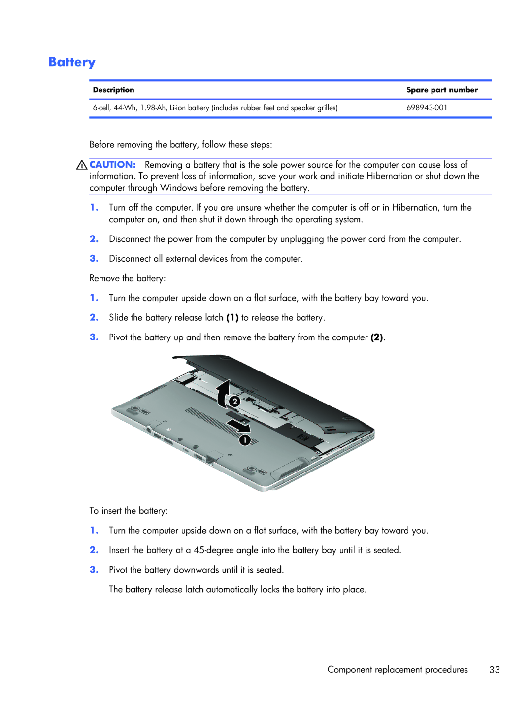 HP Rlve D3K52UT 11.6 D3K52UT#ABA, Rlve D8D82UT D8D82UT#ABA manual Battery, Description Spare part number 