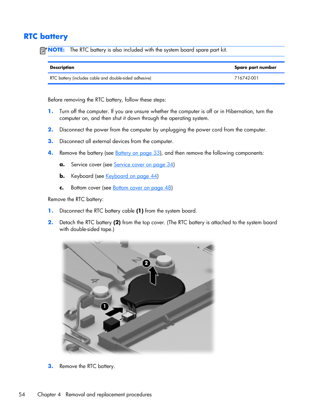 HP Rlve D8D82UT D8D82UT#ABA, Rlve D3K52UT 11.6 D3K52UT#ABA manual RTC battery, Description Spare part number 