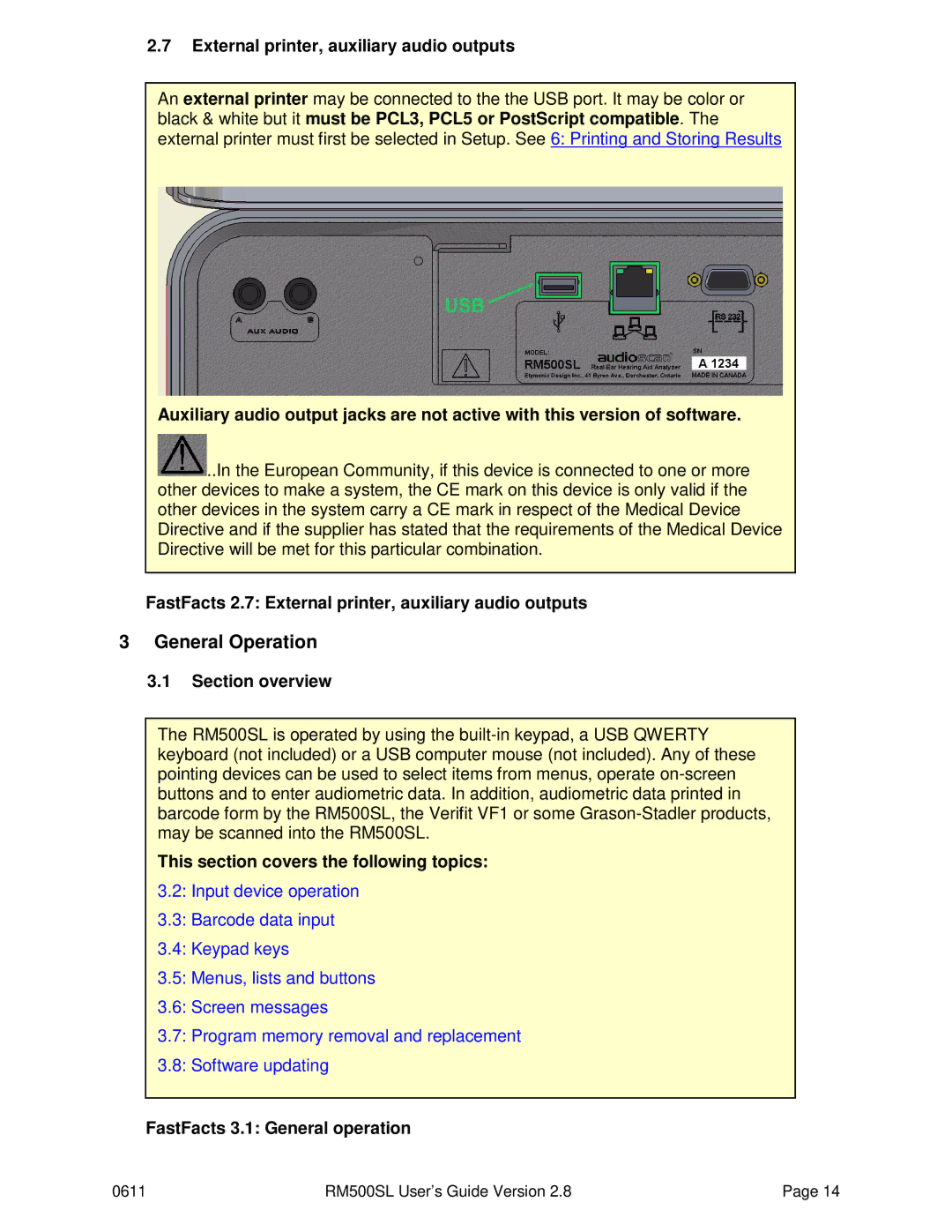 HP RM500SL manual General Operation, External printer, auxiliary audio outputs, FastFacts 3.1 General operation 