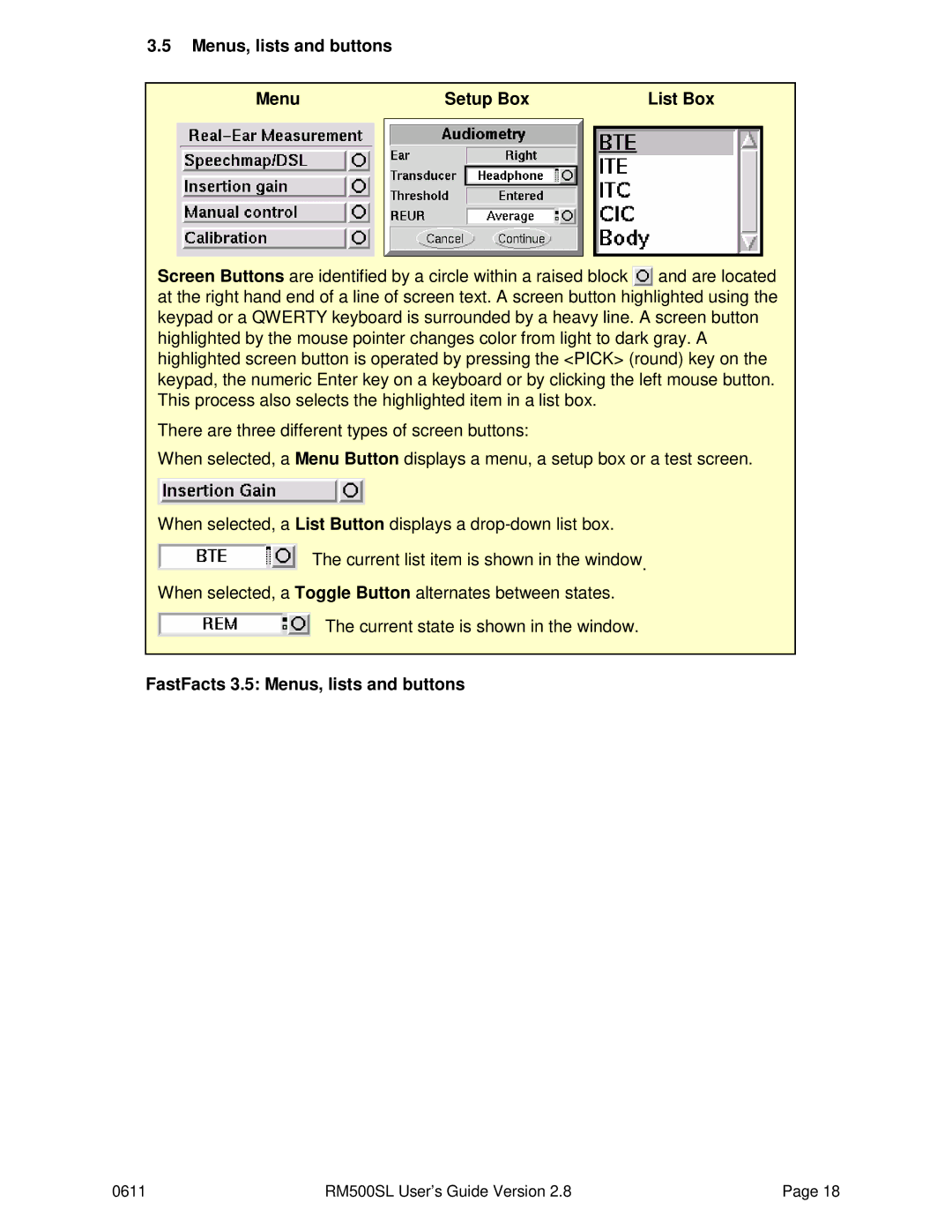 HP RM500SL manual Menus, lists and buttons Setup Box List Box, FastFacts 3.5 Menus, lists and buttons 