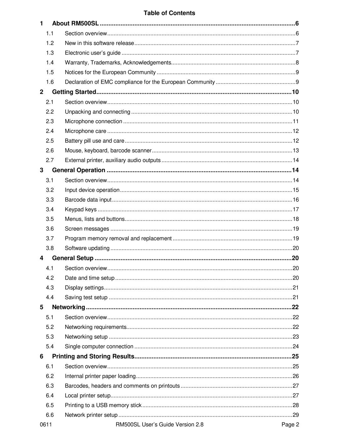 HP RM500SL Table of Contents, Getting Started, General Operation, General Setup, Networking, Printing and Storing Results 