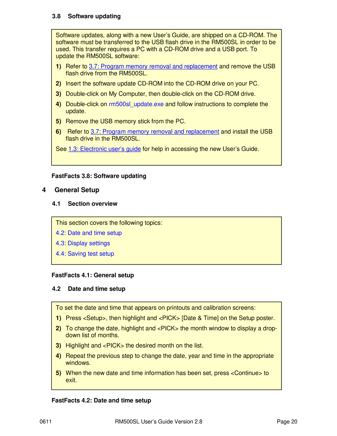 HP RM500SL manual General Setup, FastFacts 3.8 Software updating, FastFacts 4.1 General setup Date and time setup 