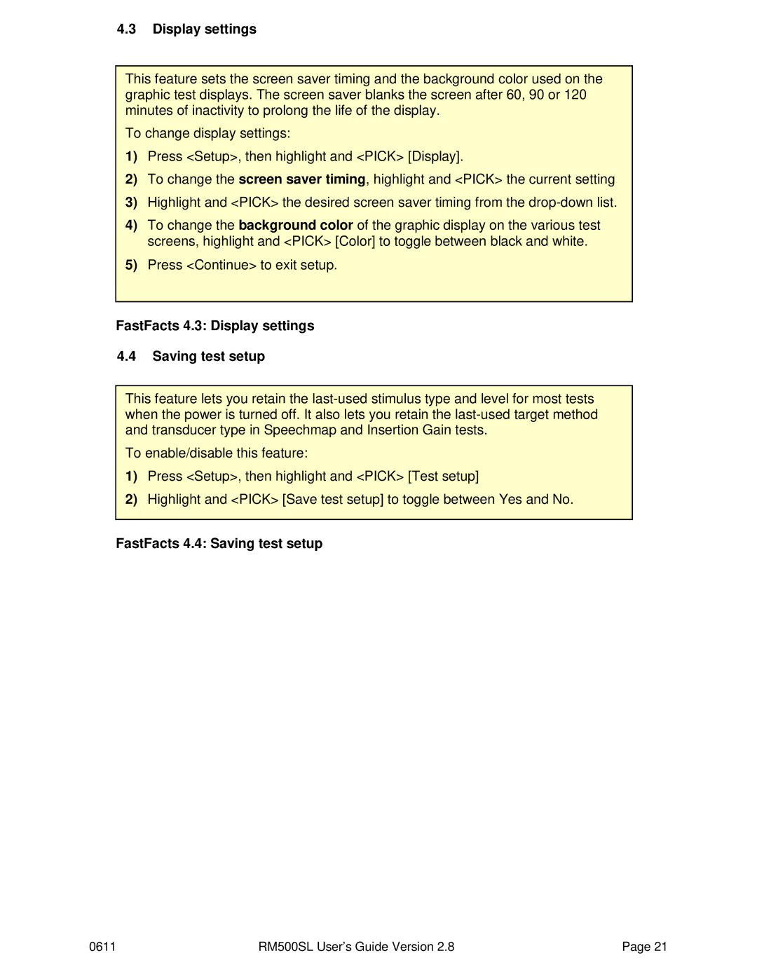 HP RM500SL manual FastFacts 4.3 Display settings Saving test setup, FastFacts 4.4 Saving test setup 