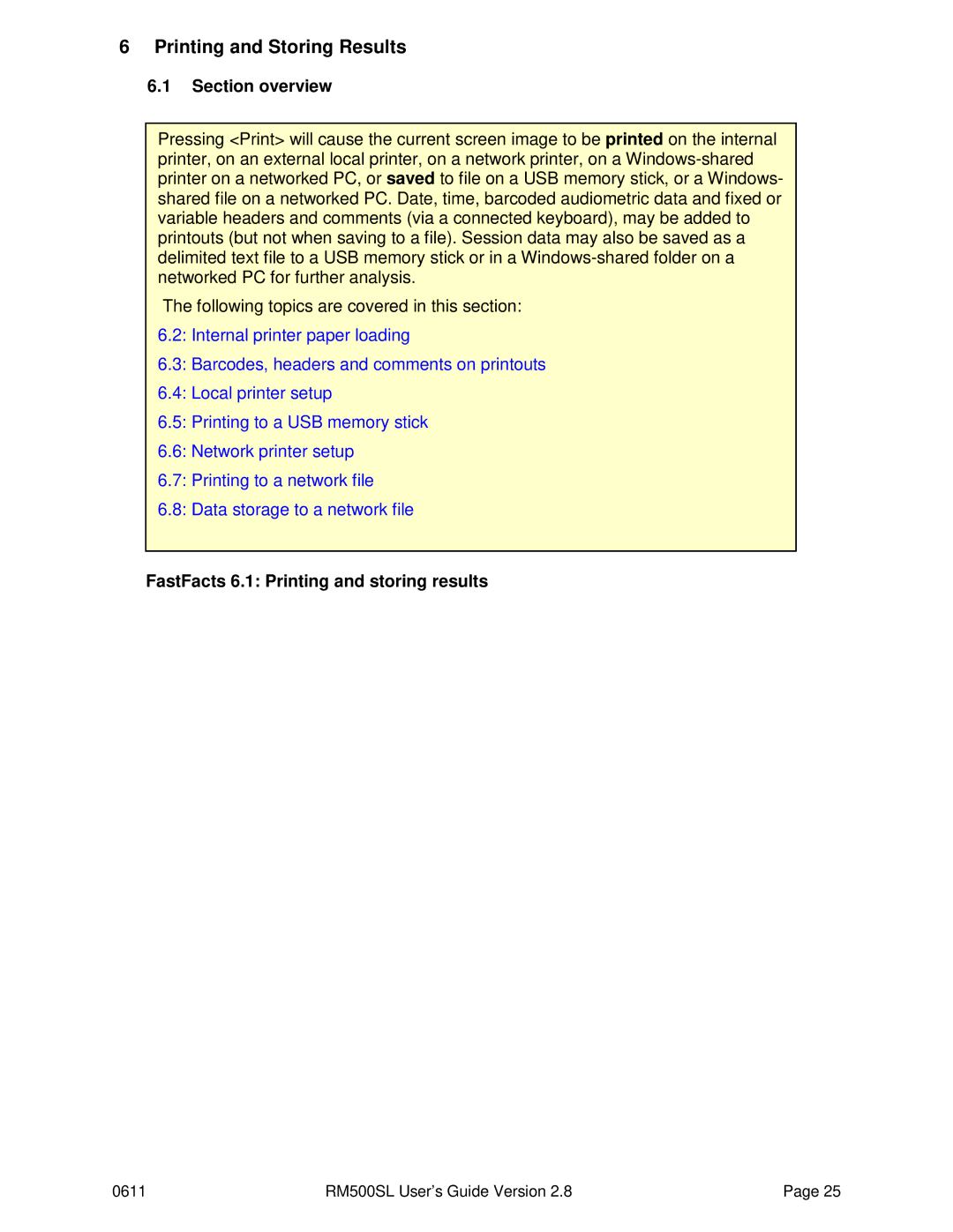 HP RM500SL manual Printing and Storing Results, FastFacts 6.1 Printing and storing results 