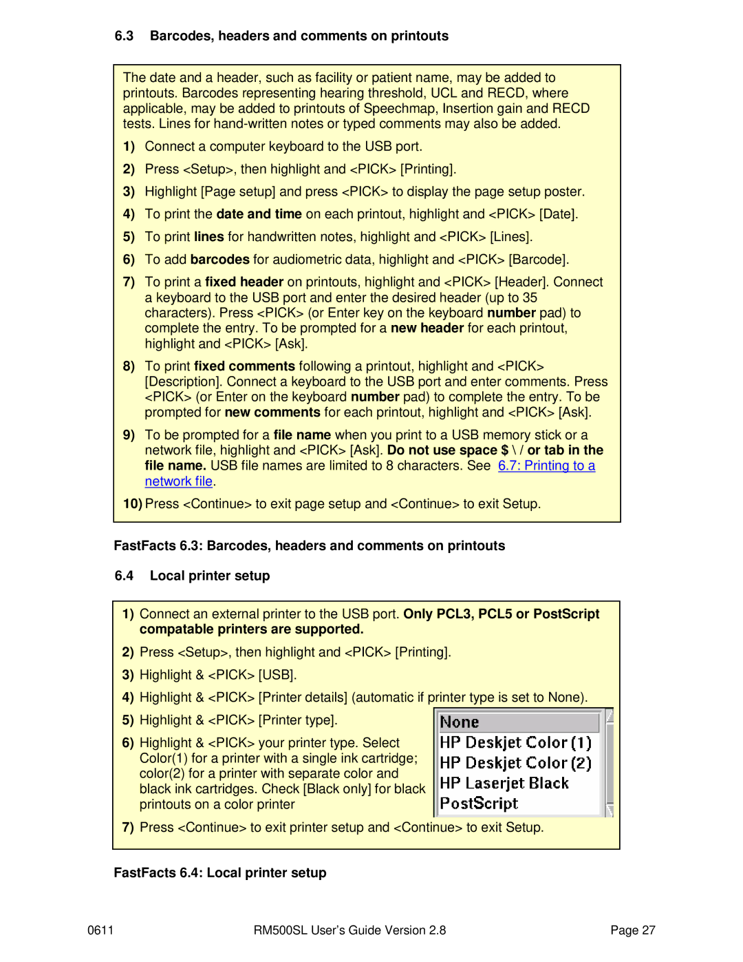 HP RM500SL manual Barcodes, headers and comments on printouts, FastFacts 6.4 Local printer setup 