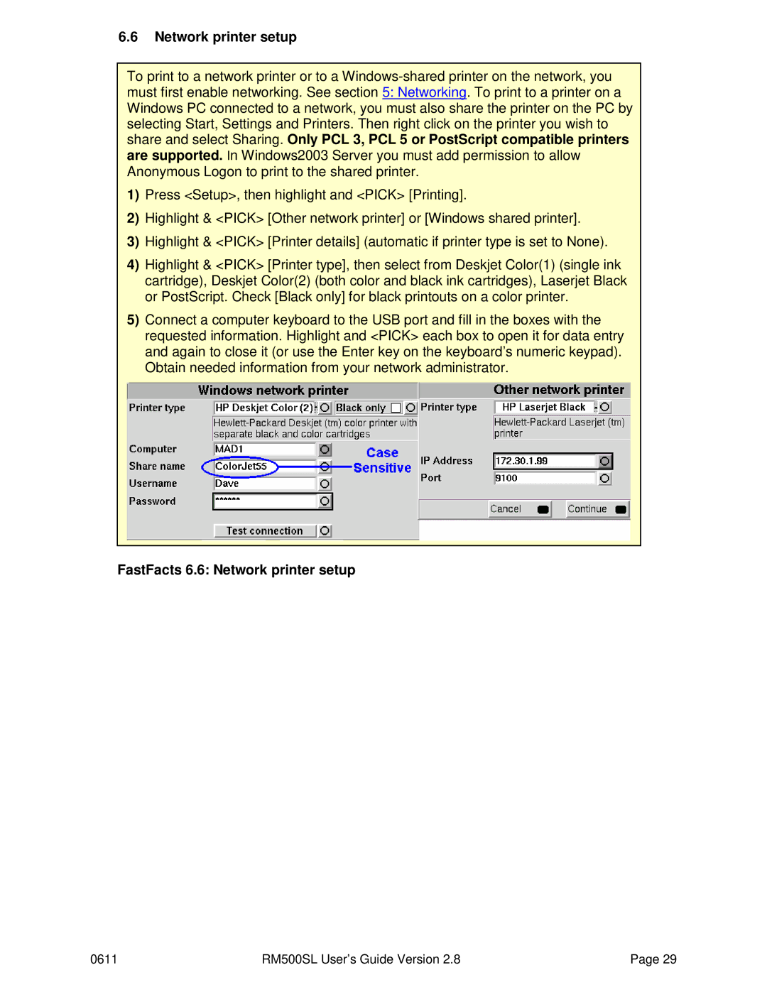 HP RM500SL manual FastFacts 6.6 Network printer setup 