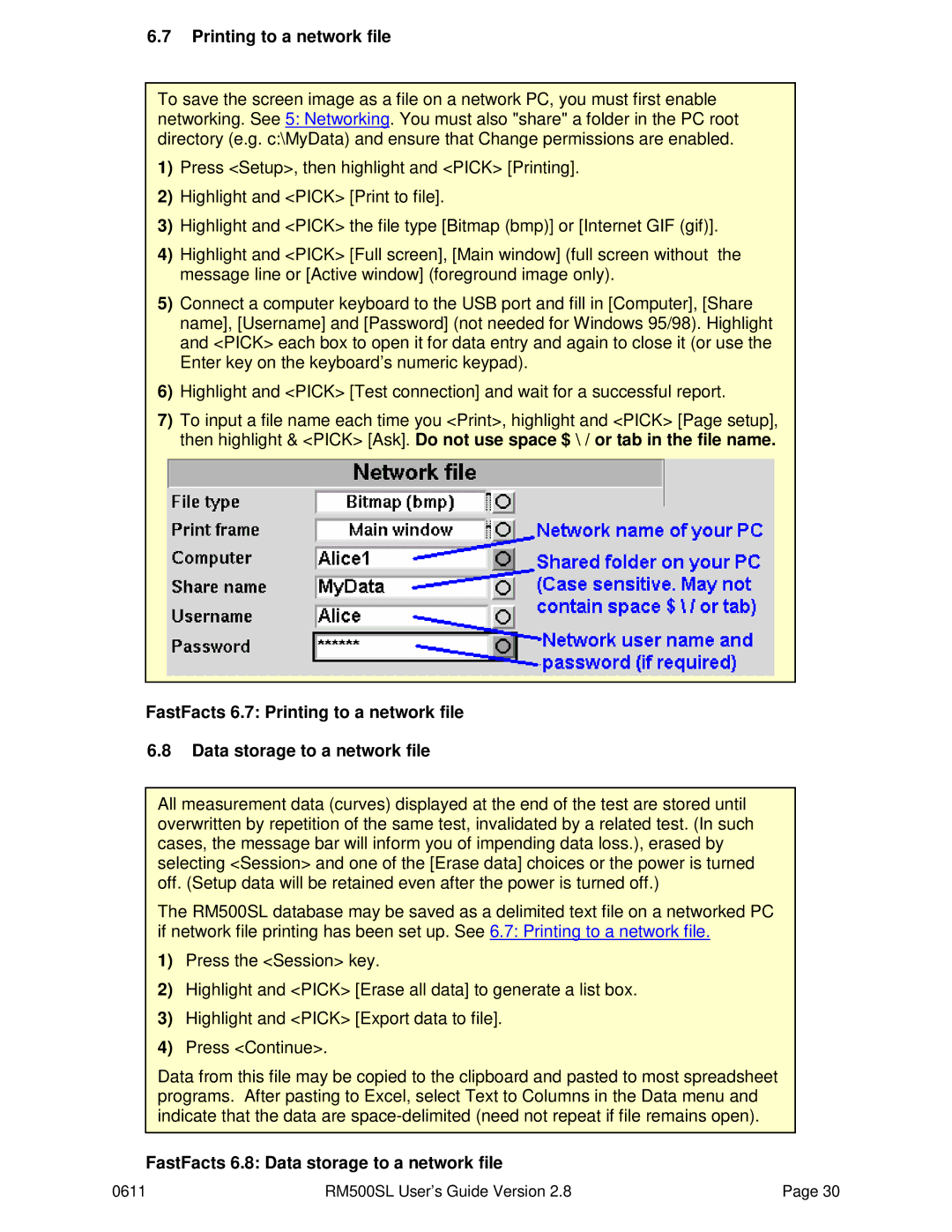 HP RM500SL manual Printing to a network file, FastFacts 6.8 Data storage to a network file 